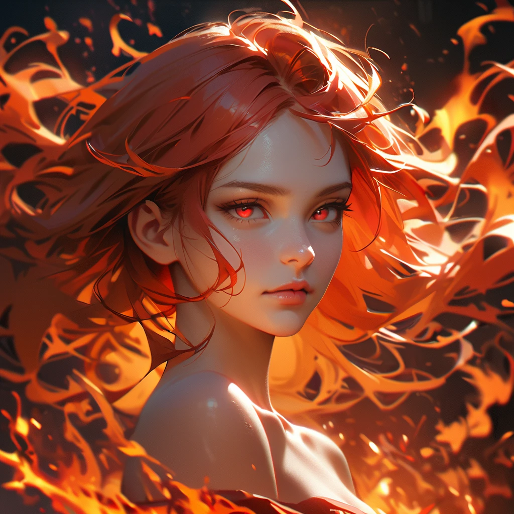 1girl,solo,fire,floating hair,upper body,half-closed eyes,lips,closed mouth,looking at viewer,realistic,bare shoulders,nose,fiery red hair,fiery red eyes,<lora:huoyanjingling_XL-000007:0.6>,