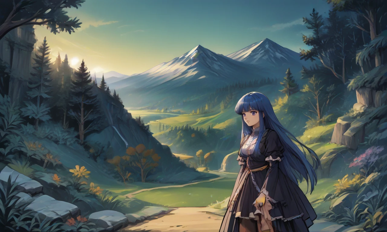 score_9, score_8_up, score_7_up, score_6_up, score_5_up, score_4_up, source_anime, BREAK, 1girl, bernkastel, long hair, blue hair, purple eyes, <lora:Bernkastel_XL:1>, landscape, mountains, forest, cave, <lora:PonyOldSchoolV2-08:1>