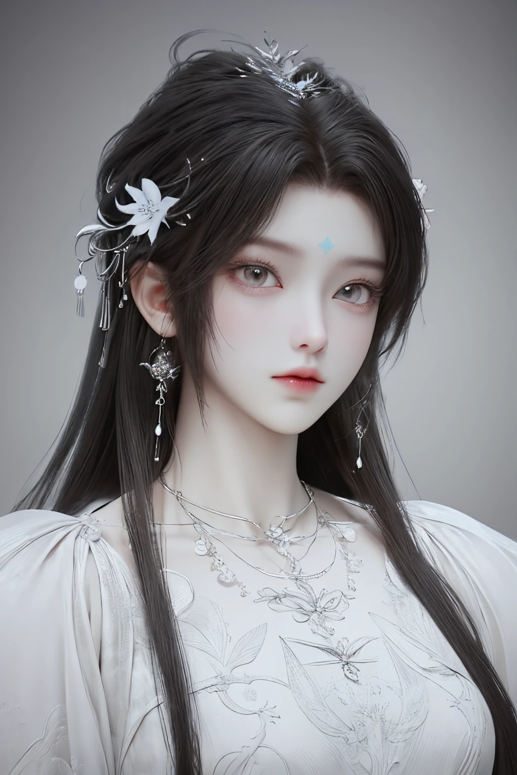 <lora:QingYiV2>,monochrome,
qingyi,1girl,hair ornament,jewelry,solo,black hair,earrings,long hair,white background,flower,necklace,portrait,expressionless,hair flower,simple background,closed mouth,(monochrome:1.5),lineart,sketch,<lora:animeLineartMangaLike_v30MangaLike>,lineart,monochrome,<lora:give it a name:0.8>,from_above,(small_breasts:1.2),, best quality , masterpiece, illustration, an extremely delicate and beautiful, extremely detailed ,CG,unity,8k wallpaper, Amazing, finely detail, masterpiece, best quality,official art,extremely detailed CG unity 8k wallpaper,absurdres, incredibly absurdres, huge filesize , ultra-detailed, highres, extremely detailed,beautiful detailed girl, extremely detailed eyes and face, beautiful detailed eyes,light on face,