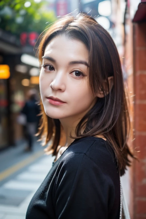 Best quality,masterpiece,ultra high res,photorealistic,1girl,slim body,taipei street alley,dynamic pose,face closeup,depth of field,<lora:sandrine_pinna:1>,brown hair,