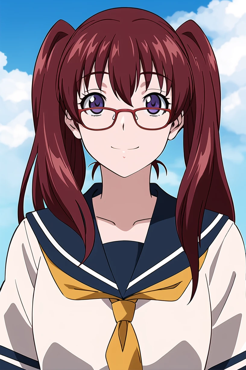 best quality,masterpiece,looking at viewer,absurdres,1girl,
depth of field,<lora:010-é£è½®å°å¹´-é山鿿ªV1-000010:0.7>,noyamano ringo,red hair,purple eyes,twintails,long hair,glasses,red-framed eyewear,school uniform,serafuku,day,smile,sunny day,clouds,