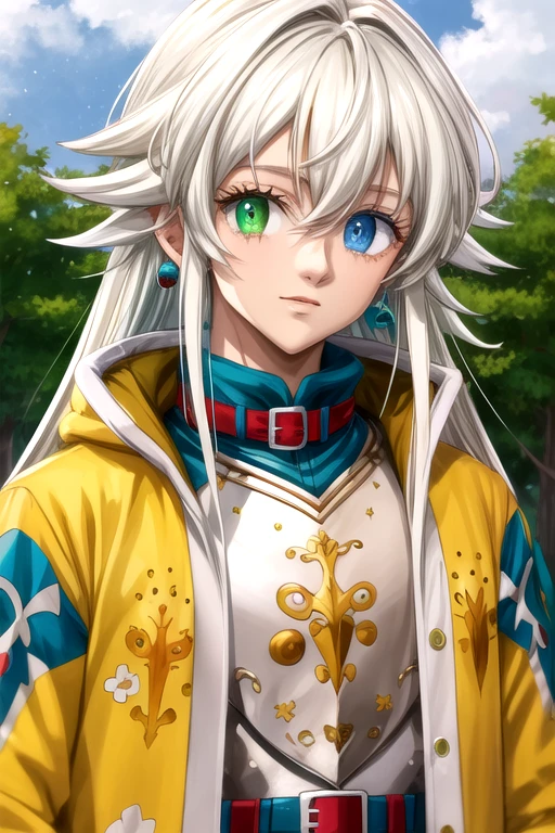 (best quality:1.1), (masterpiece:1.4), sketch, looking at viewer, upper body, , anime coloring, , 1boy, solo, male focus, <lora:tristan_liones:0.78>, tristan_liones, white hair, green eyes, blue eyes, heterochromia, long hair, easter costume, ,