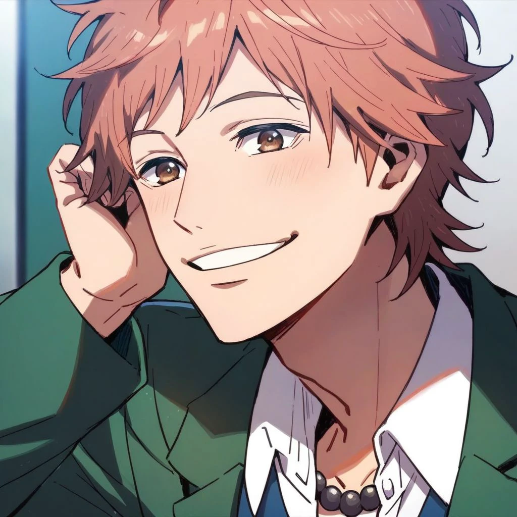 (score_9, score_8_up:1.1), score_7_up, suwa hiroto, 1boy, solo, brown eyes, black pearls necklace, green jacket, white shirt, blue vest, smile, light blush, school