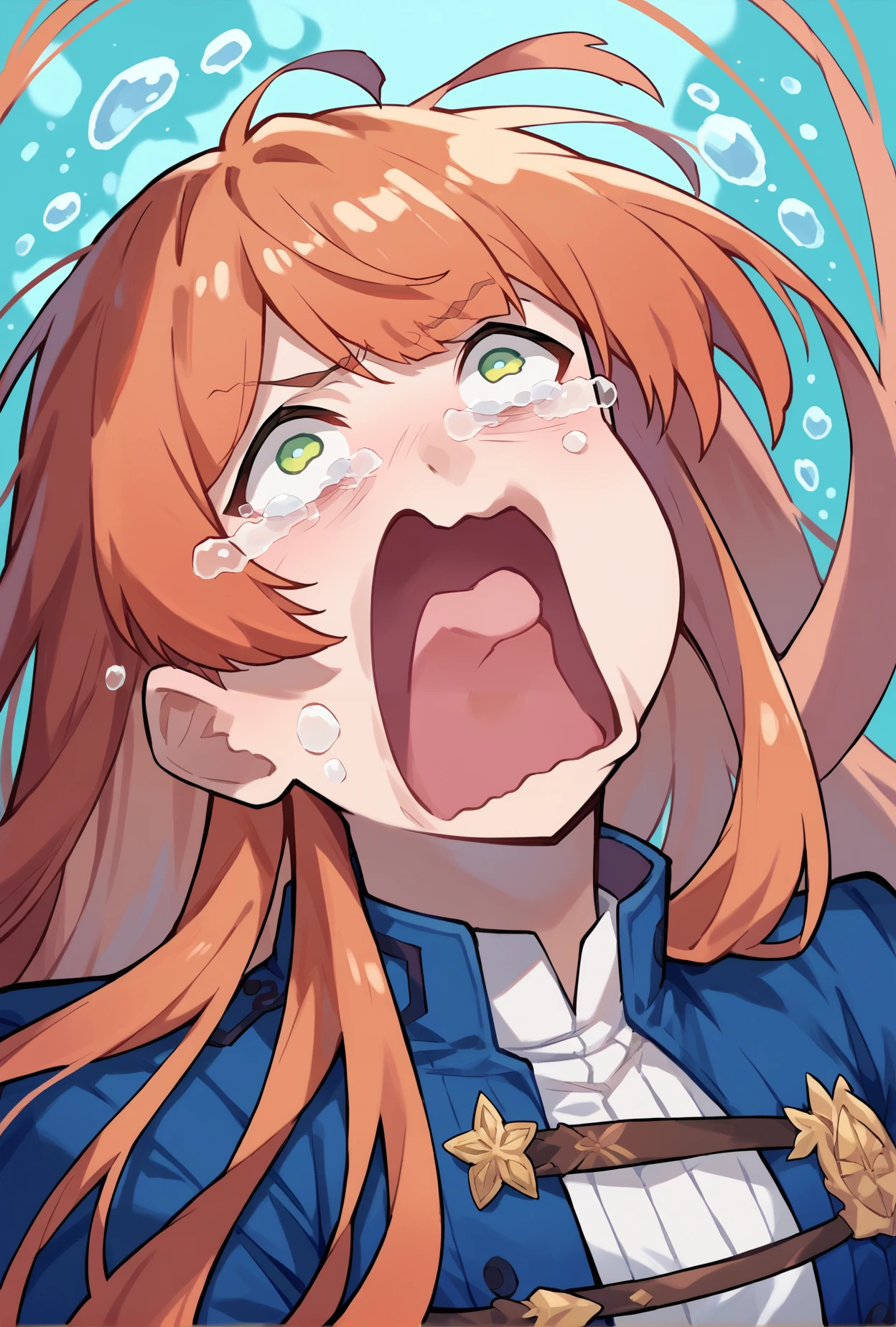 score_9, score_8_up, score_7_up, springmisc,  1girl,  green eyes, auburn hair, <lora:springfield-pdxl:0.9>,  very long hair, , bangs, blue coat, aquascreaming, screaming, open mouth, crying with eyes open <lora:concept_aquascreaming_ponyXL:1>, upper body