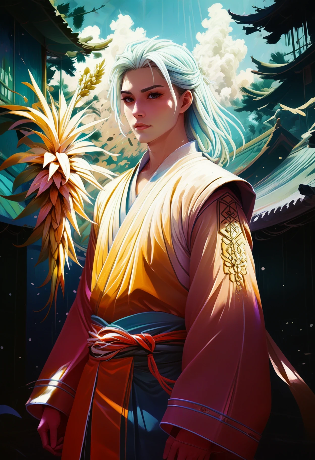 An anime-inspired soft digital brushstroke style captures the essence of a historical sci-fi village beyond the beginning of reality. The village is filled with people dressed in unique and imaginative costumes, reflecting their individual personalities. At the center of attention is a young Chinese man with corn silk hair and ruggedly handsome features, dressed as a knight. He stands tall and proud, embracing his role within this extraordinary world. The color palette consists of warm earthy tones intertwined with vibrant hues of neon pink and electric blue, resulting in a visually stunning scene reminiscent of a classic Japanese anime series.