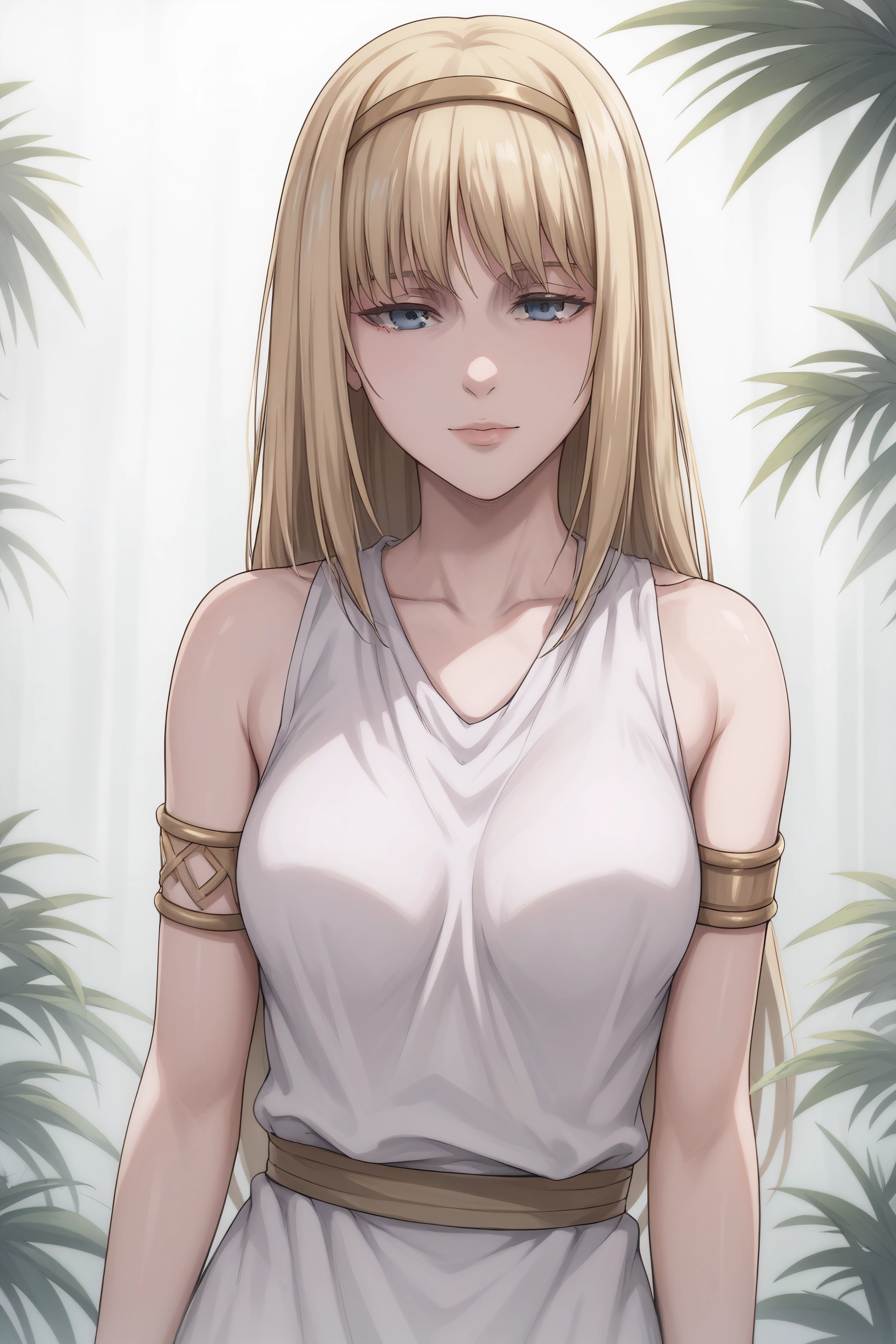 score_9, score_8_up, score_7_up, BREAK source_anime, <lora:Ymir Fritz-PonyXL-lora-faxtron:0.8> ymir fritz, blue eyes, blonde hair, long hair, medium breasts, armlet, bare shoulders, hairband, long white tunic,