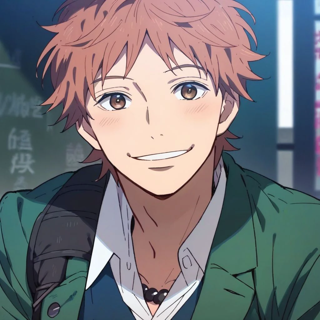 (score_9, score_8_up:1.1), score_7_up, suwa hiroto, 1boy, solo, brown eyes, black pearls necklace, green jacket, white shirt, blue vest, smile, light blush, school