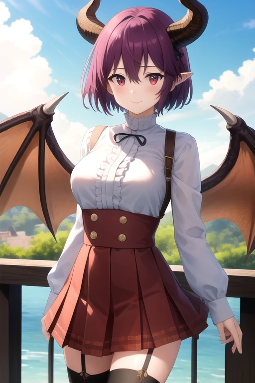 ((masterpiece)),(best quality),official art,extremely delicate and beautiful,extremely detailed CG,unity 8k wallpaper,ultra detailed,beautiful detailed eyes,extremely detailed face,outdoors,1girl,solo,cowboy shot,looking at viewer,facing viewer,smile,Grea(snb),Grea uniform,dragon girl,dragon horns,short hair,purple hair,pointy ears,floating hair,hair between eyes,bangs,red eyes,white shirt,frilled shirt,center frills,long sleeves,large breasts,dragon wings,shirt tucked in,buttons,red skirt,high-waist skirt,pleated skirt,plaid skirt,dragon tail,zettai ryouiki,black thighhighs,loafers,brown footwear,<lora:Grea(snb)>,