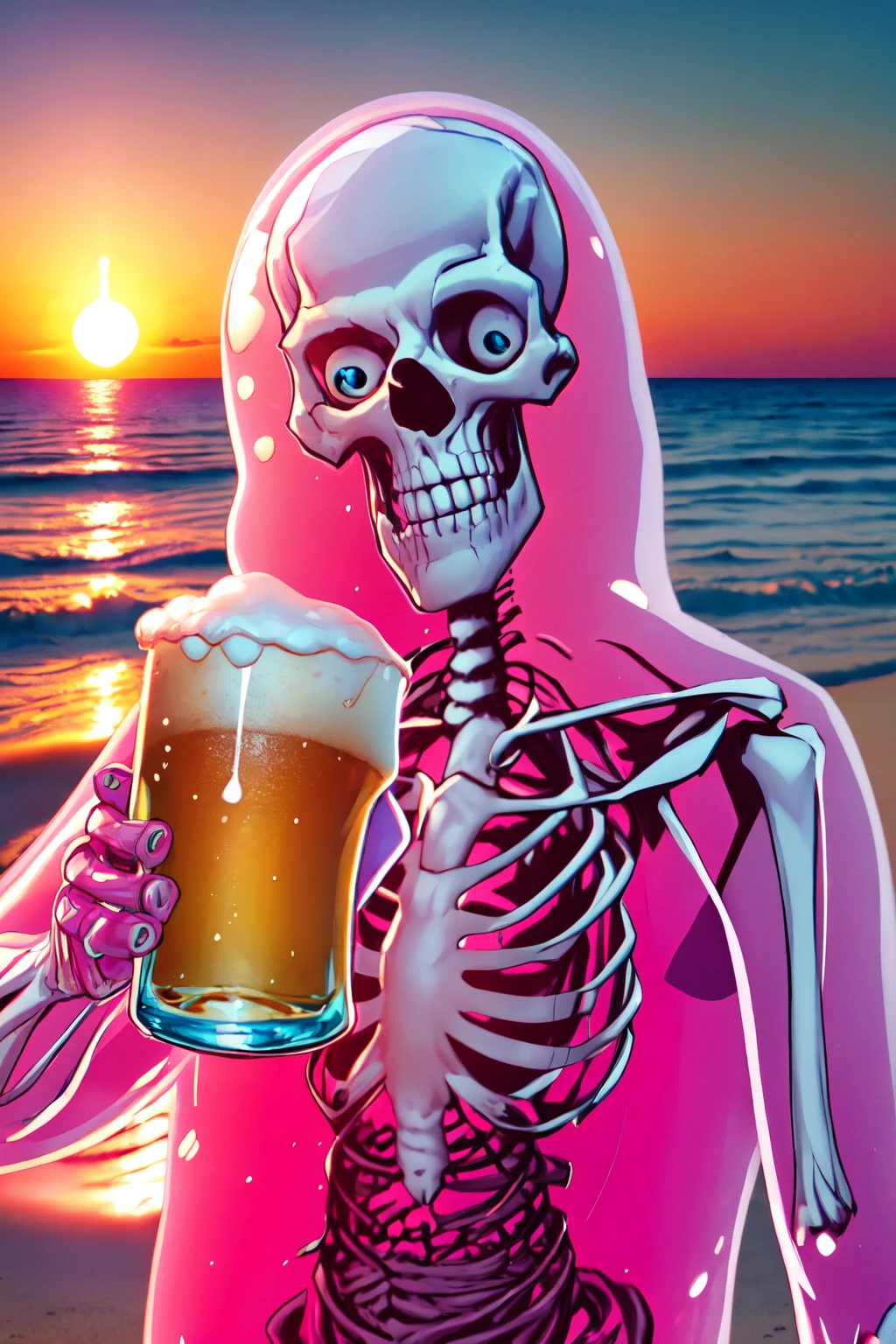 beautiful eyes, beautiful girl, high detail skin, high detail eyes, high detail hair, highres, ultra detailed, sharpen picture, Highly detailed, masterpiece, best quality, photorealistic,
 <lora:Glob HermanLoRA:1.2>1boy, monster, floating big eyes:1.2, skeleton, pink jelly, sunset, holding a beer, standing on the beach