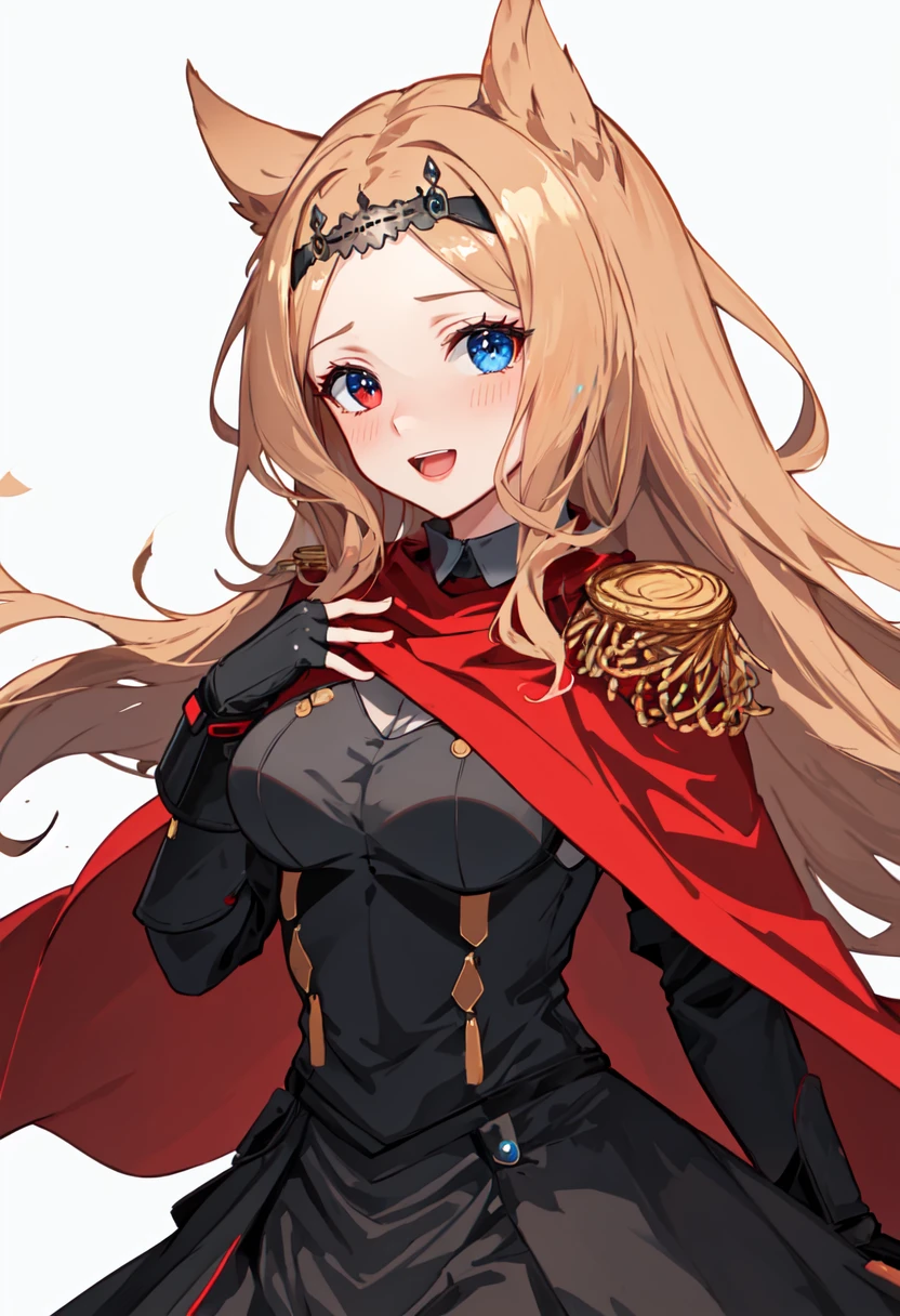 best quality, masterpiece, highres, solo, (archetto_arknights:1.10), 1girl, black dress, looking at viewer, red cape, black gloves, epaulettes, simple background, tiara, white background, medium breasts, blush, cowboy shot, open mouth, partially fingerless gloves, :d, upper body, 1 <lora:archetto_arknights:0.80>