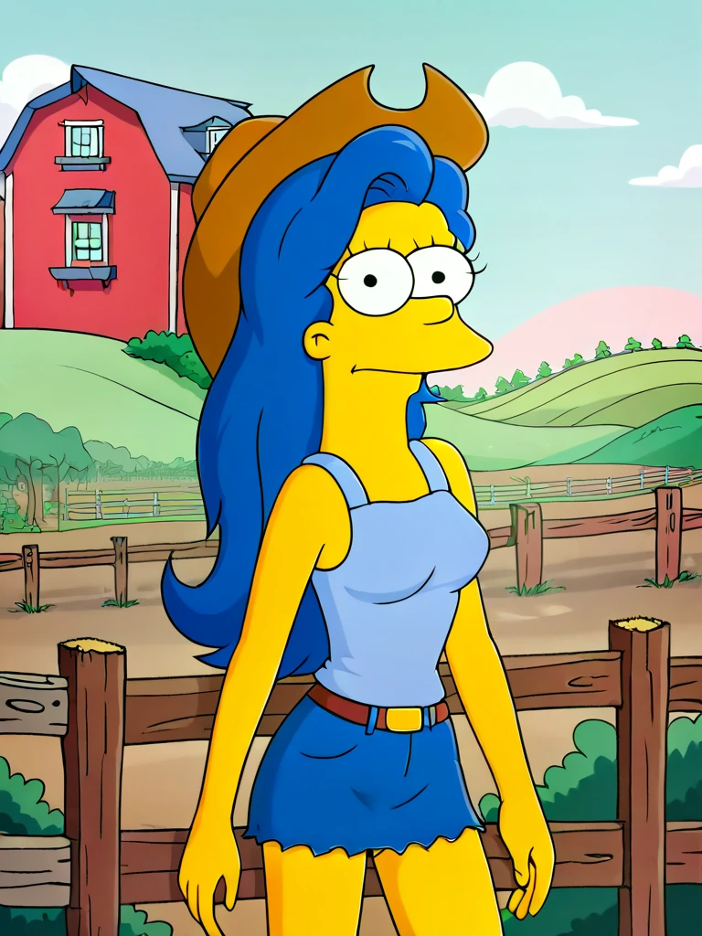 score_9, score_8_up, score_7_up, score_6_up, score_5_up, score_4_up, pinup magazine style, flat art, full figure, 1girl, adult, solo, m4rg3 as marge simpson, blue hair, hairdown, cowboy uniform, cowboy hat, standing at a farm, looking at viewer, source_cartoon