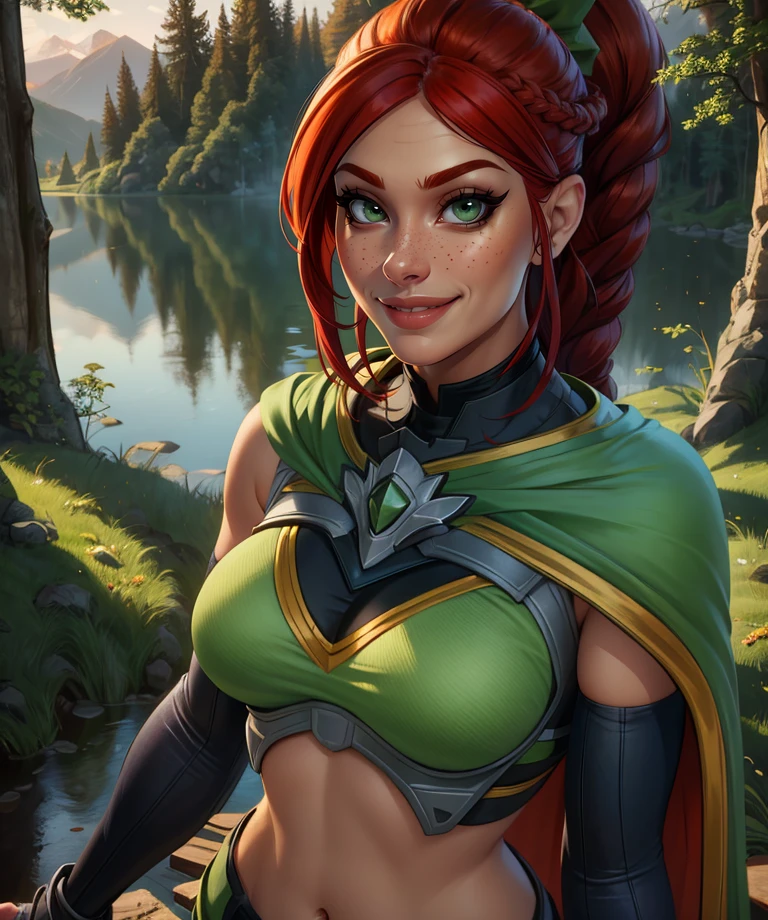 Cassie,red hair,bangs,braided ponytail,green eyes,looking at viewer,
crop top,fingerless elbow gloves,short green cape,short shorts,
standing,upper body,solo,smiling,
forest,morning,lake,(insanely detailed, beautiful detailed face, masterpiece, best quality),<lora:Cassie:0.8>,