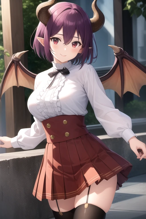 ((masterpiece)),(best quality),official art,extremely delicate and beautiful,extremely detailed CG,unity 8k wallpaper,ultra detailed,beautiful detailed eyes,extremely detailed face,outdoors,1girl,solo,cowboy shot,looking at viewer,facing viewer,smile,Grea(snb),Grea uniform,dragon girl,dragon horns,short hair,purple hair,pointy ears,floating hair,hair between eyes,bangs,red eyes,white shirt,frilled shirt,center frills,long sleeves,large breasts,dragon wings,shirt tucked in,buttons,red skirt,high-waist skirt,pleated skirt,plaid skirt,dragon tail,zettai ryouiki,black thighhighs,loafers,brown footwear,<lora:Grea(snb)>,