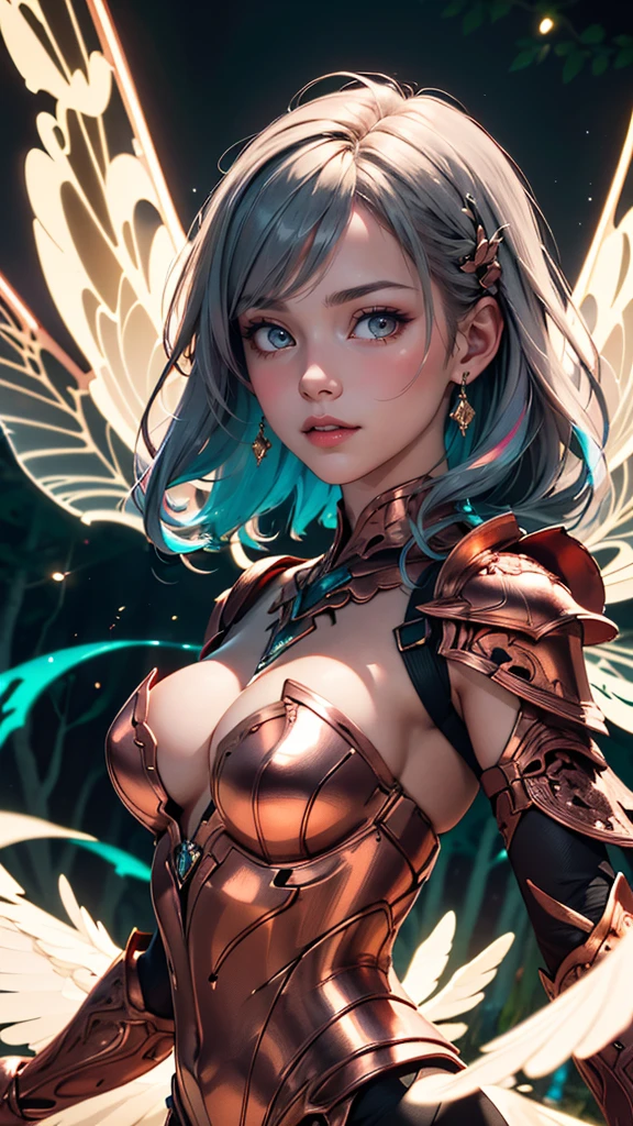 (best quality, masterpiece, colorful, highest detailed) upper body photo, fashion photography of cute (****ung cute fire fairy), french bob copper hair, silver eyes, in high detailed copper light armor, (reflective, intricated), big detailed fire wings, chromatic aberration, colorful, bright colors, (ultra-detailed body), (light smile:0.3), moonlight passing through hair, (enchanted forest background:1.3), (intricate details), (dynamic angle)