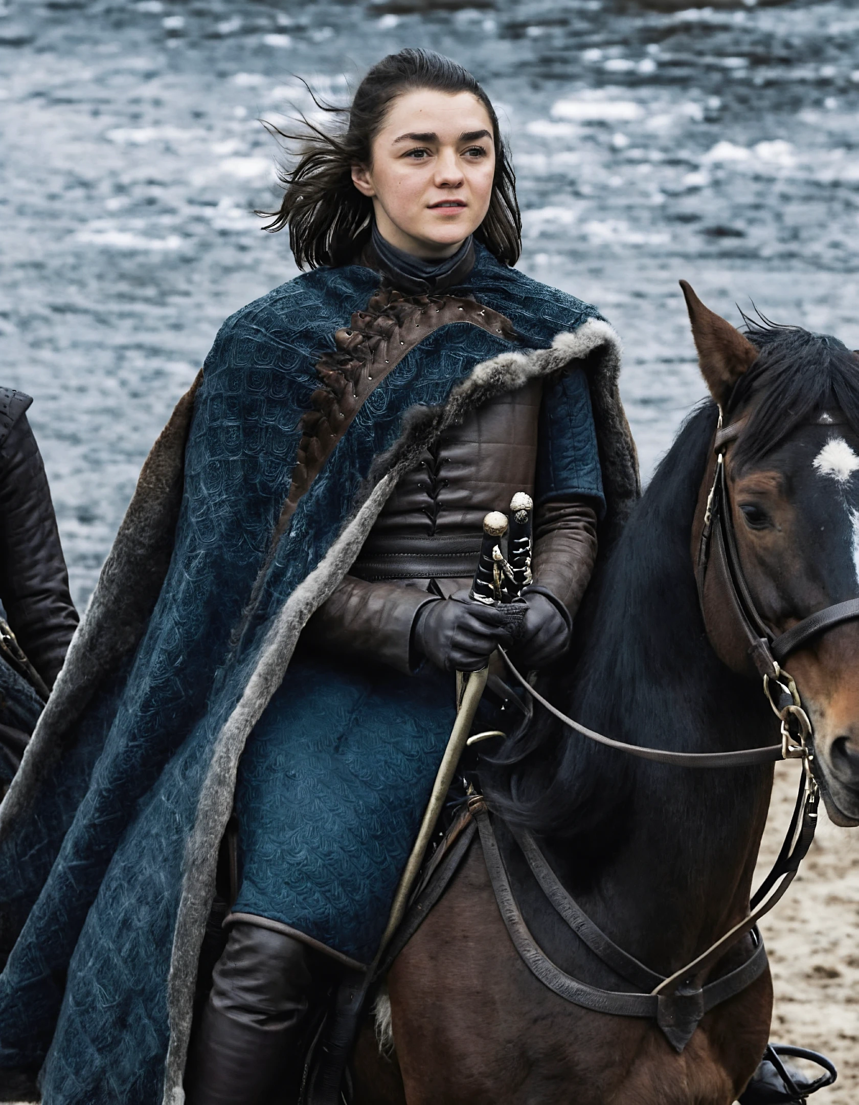 high resolution photo of ar1ast4rk woman,she is riding a horse,full body shot,her hair is brown medium length,she is wearing season8 outfit with coat