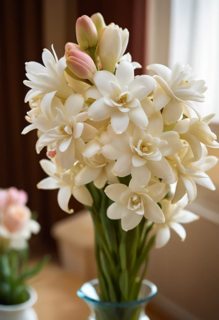 cinematic still close-up of (pearltbrs flowers:1.1), (in a sunny living room:0.5) . emotional, harmonious, vignette, 4k epic detailed, shot on kodak, 35mm photo, sharp focus, high budget, cinemascope, moody, epic, gorgeous, film grain, grainy, close-up of (pearltbrs flowers:1.1), (in a sunny living room:0.5), light, stunning, gorgeous, intricate, elegant, highly detailed, wonderful, perfect, deep aesthetic, surreal, beautiful, sharp focus, artistic, romantic, sublime, very inspirational, friendly, pure, lucid, thought inspiring, epic, coherent