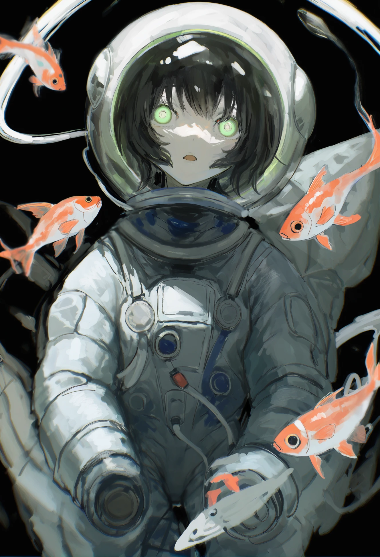 masterpiece, best quality, 1girl, space helmet, solo, green eyes, black hair, helmet, black background, spacesuit, abstract, open mouth, gloves, fish, bangs, surreal  <lora:ziyunXLlokr8f-000180:0.95>