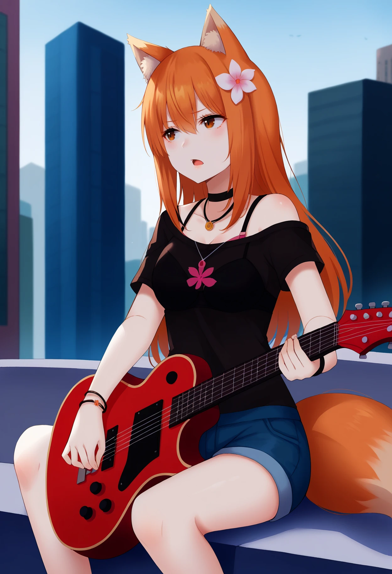 score_9, best quality, masterpiece, uncensored, source_anime, blurry
BREAK
1girl, animal ears, instrument, tail, solo, fox ears, fox tail, fluffy tail, jewelry, sitting, shorts, long hair, necklace, guitar, shirt, brown eyes, fox girl, bra strap, hair ornament, flower, choker, outdoors, building, looking away, hair flower, city, bracelet, animal ear fluff, denim shorts, orange hair, off shoulder, denim, holding, black bra, playing instrument, black shirt, bra, cityscape, open mouth, short sleeves, collar, black choker, bangs, music, electric guitar, looking to the side, hair between eyes, pout, blush, floating hair
<lora:ayakura_juu_pony_v2:0.5> <lora:aoi_ogata_pony_v2:1>