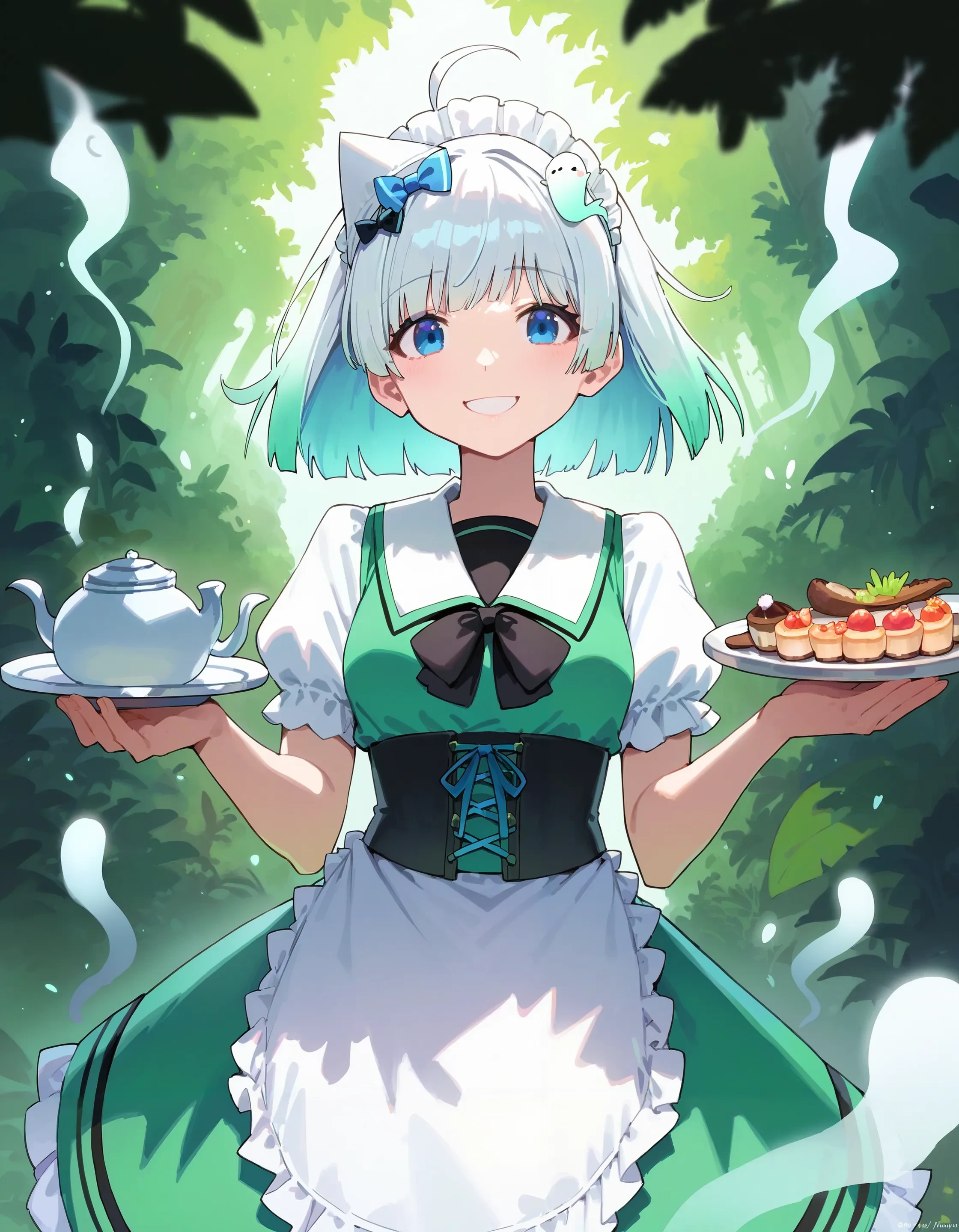 score_9, score_8_up, score_7_up,
1girl, mint fantome \(sailor\), 
blue eyes, gradient hair,
maid, light particles, ghost, maid headdress, ghost hair ornament, hair bow, corset, (apron:1.0), green skirt,
jungle, fern, holding plate, orchid, dappled sunlight, looking at viewer, smile, (ghost:1.0),
best quality, masterpiece
<lora:char_mintfantome-v2-pony_1_res:1>