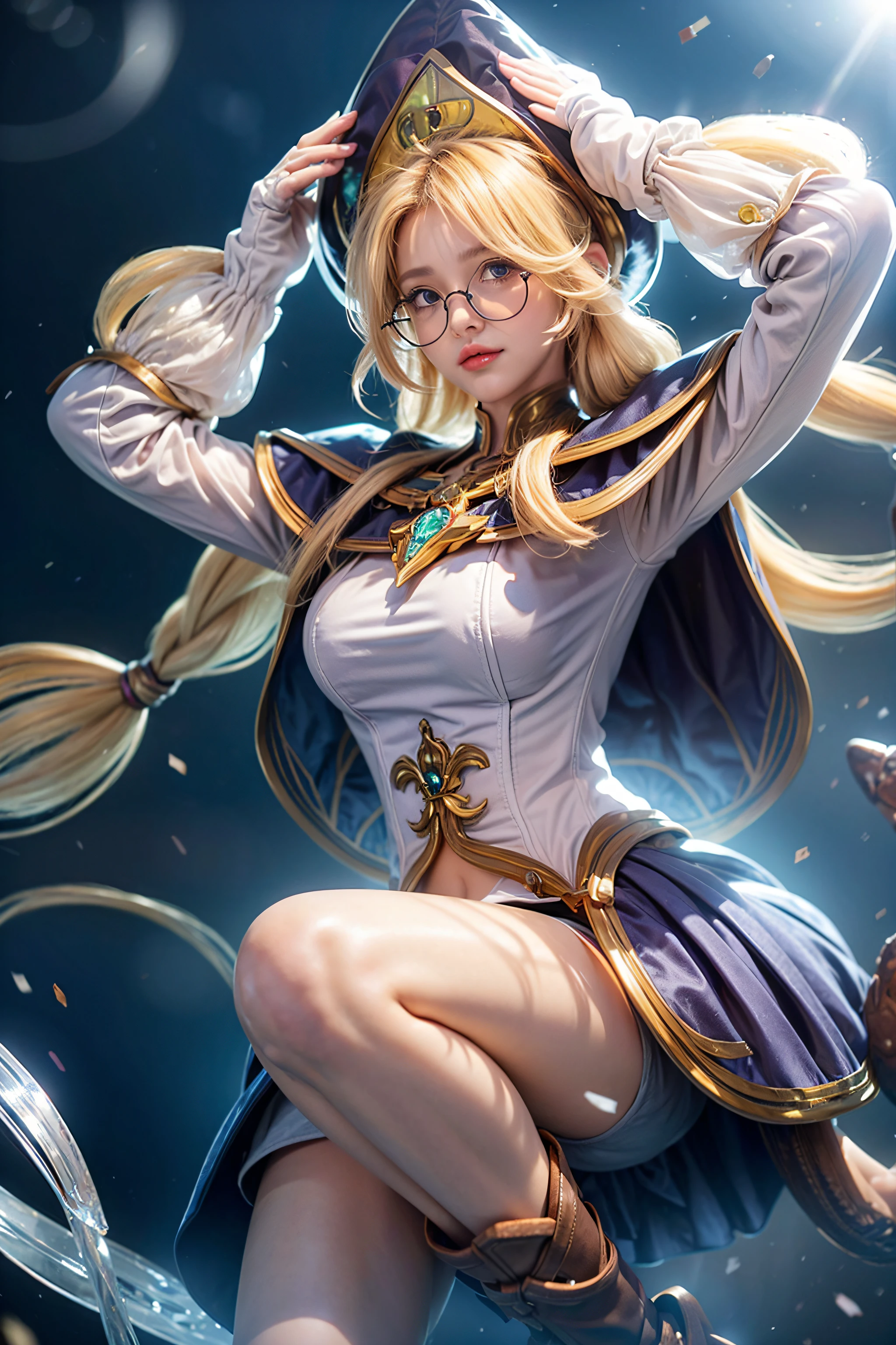 <lora:annette:0.8>, annette, 1girl, solo, long hair, very long hair, braid, twintails, blonde hair, bangs, hat, witch hat, blue eyes, eyelashes, bespectacled, glasses, round eyewear, lips, blush, closed mouth, breastst, (large breasts:1.8), dress, white dress, long sleeves, gem, crystal, blue gemstone, gloves, brown gloves, skirt, blue skirt, boots brown footwear, ankle boots, simple background, outdoor, school background, magic schoolà¸¡ building, building, school building, strong wind, wind, flying leaves, <lora:add_detail:1>