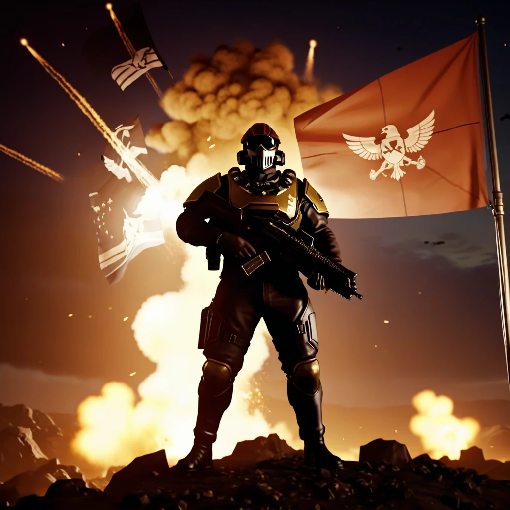 Helldivers with a flag in the background, realistic, cinematic, night shot, explosion in background