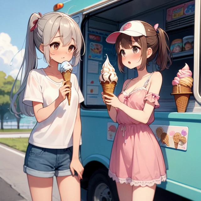 (((masterpiece))), (((best quality))), (((2girls))), (((ice cream truck))), (((clerk's hand holding a ice cream))), (((watering))), (((dripping))), ((splash)), (baseball cap), tied shirt, denim shorts, parted lips, drooling, sweat, park, playground, twilight, lamppost, short dress, collarbone, cleavage, (big tits), ribbon, (gray long hair), brown ponytail, short hair, sweat, shy, blush, slim figure, <lora:girllikeicecreamtruck:0.9>