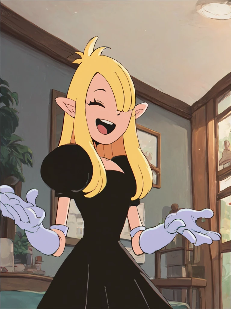 <lora:NickyPony1.0:0.9>NickyP, 1girl, blonde hair, solo, pointy ears, open mouth, hair over one eye, closed eyes, indoors, long hair, short sleeves, puffy sleeves, black dress, elbow_gloves smile,looking at viewer, score_9, score_8_up, score_7_up, score_6_up,toon \(style\),  zPDXLxxx,