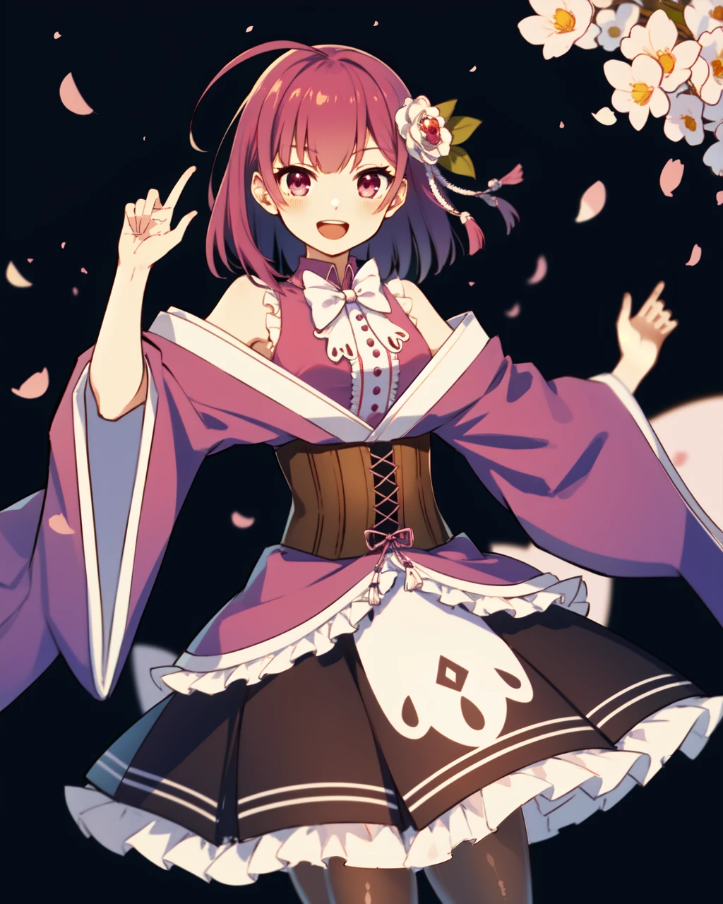 masterpiece, high quality, 1girl, mgrctokiwananaka, (dynamic pose), dancing, cowboy shot, pink hair, medium hair, ahoge, pink eyes, white with pink top, white bowtie, leather corset, pink with white kimono, bare shoulders, flower hairpin, tights, pink with white skirt, mouth open, smiling, detailed hands, abstract background, cherry blossoms, night,  <lora:mgrctokiwananaka-000006:0.8>