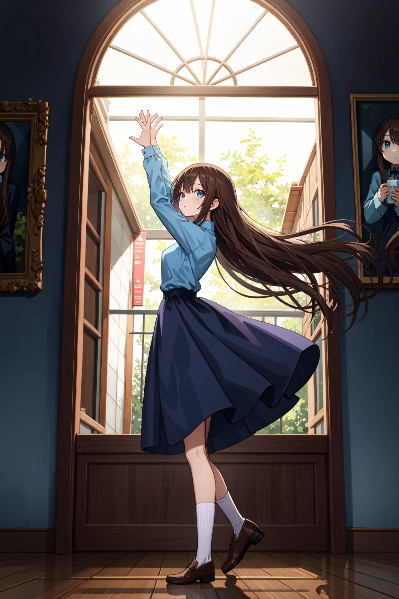 (best quality:1.4), amazing intricate, cute girl, dark brown hair, long hair, straight hair, dark blue eyes, round eyes, dropping eyes, small breasts,
parted lips, spread arms, arms up, spinning, orangery,
looking at viewer, full body, from side,
long sleeves, boho long skirt, socks