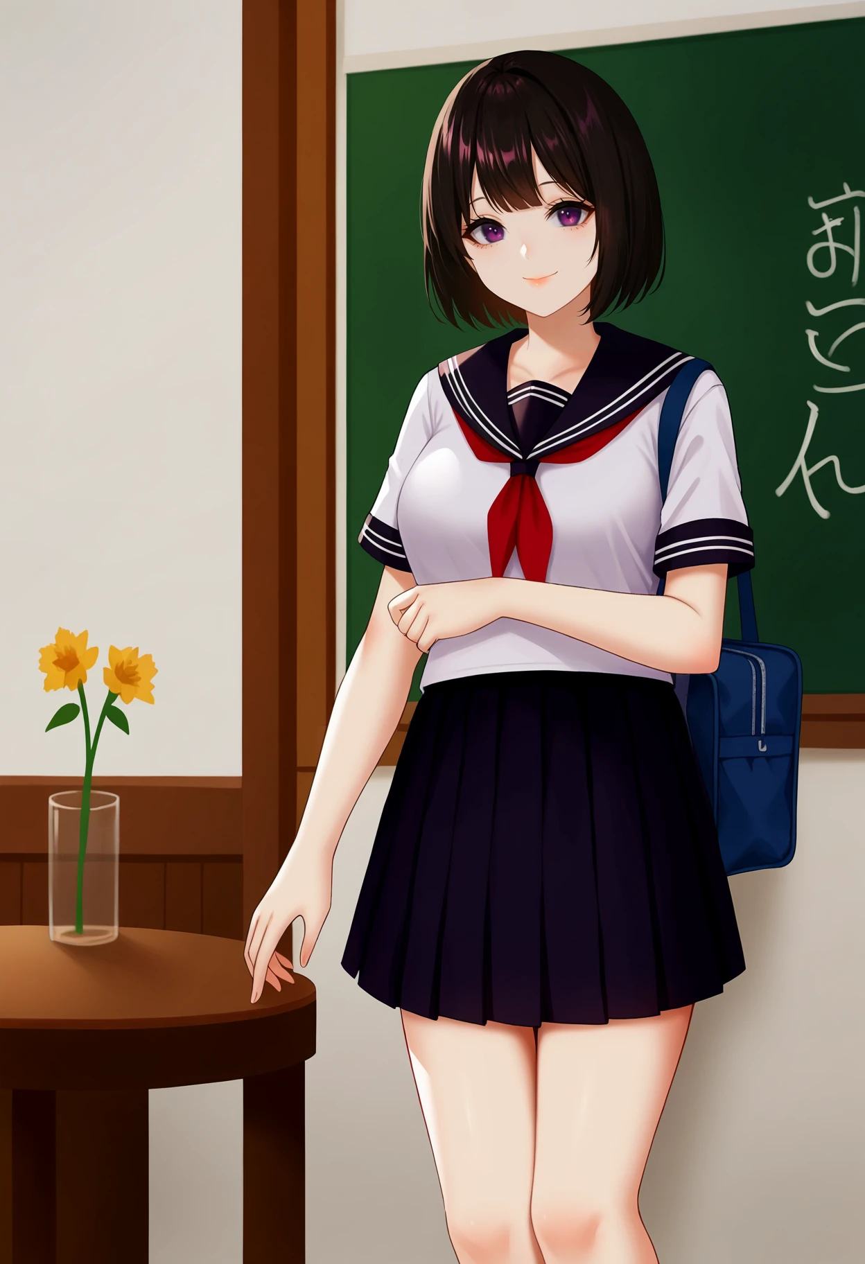 score_9, best quality, masterpiece, uncensored, source_anime
BREAK
1girl, solo, breasts, looking at viewer, smile, short hair, bangs, skirt, shirt, black hair, closed mouth, school uniform, purple eyes, white shirt, short sleeves, pleated skirt, serafuku, hand up, black skirt, sailor collar, bag, neckerchief, bob cut, red neckerchief, black sailor collar, school bag, chalkboard
<lora:aoi_ogata_pony_v2:1>