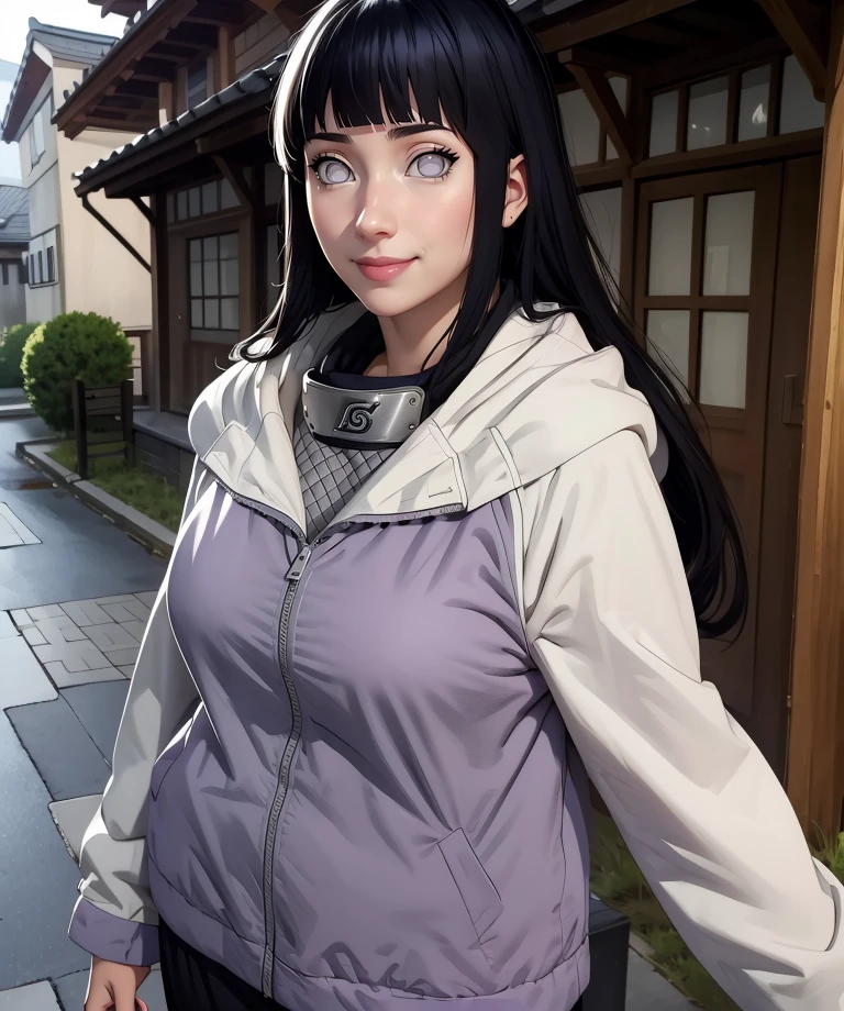 Hinata,black hair,blunt bangs,no pupils,grey eyes,long hair,
long sleeves,konohagakure symbol,jacket,hood down,
pants,smile,
solo,
village,outdoors,
(insanely detailed, masterpiece, best quality,),<lora:HinataShip:0.9>,