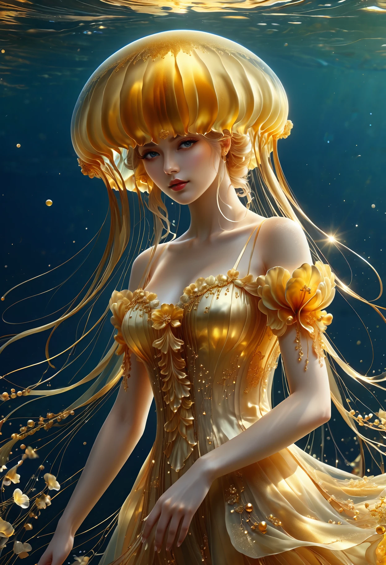 score_9, score_8_up, score_7_up, score_6_up, rating_safe,  a woman wearing a dress, gold color theme, ethereal, [jellyfish], (masterpiece, high detail, best quality), sharp, smooth anime