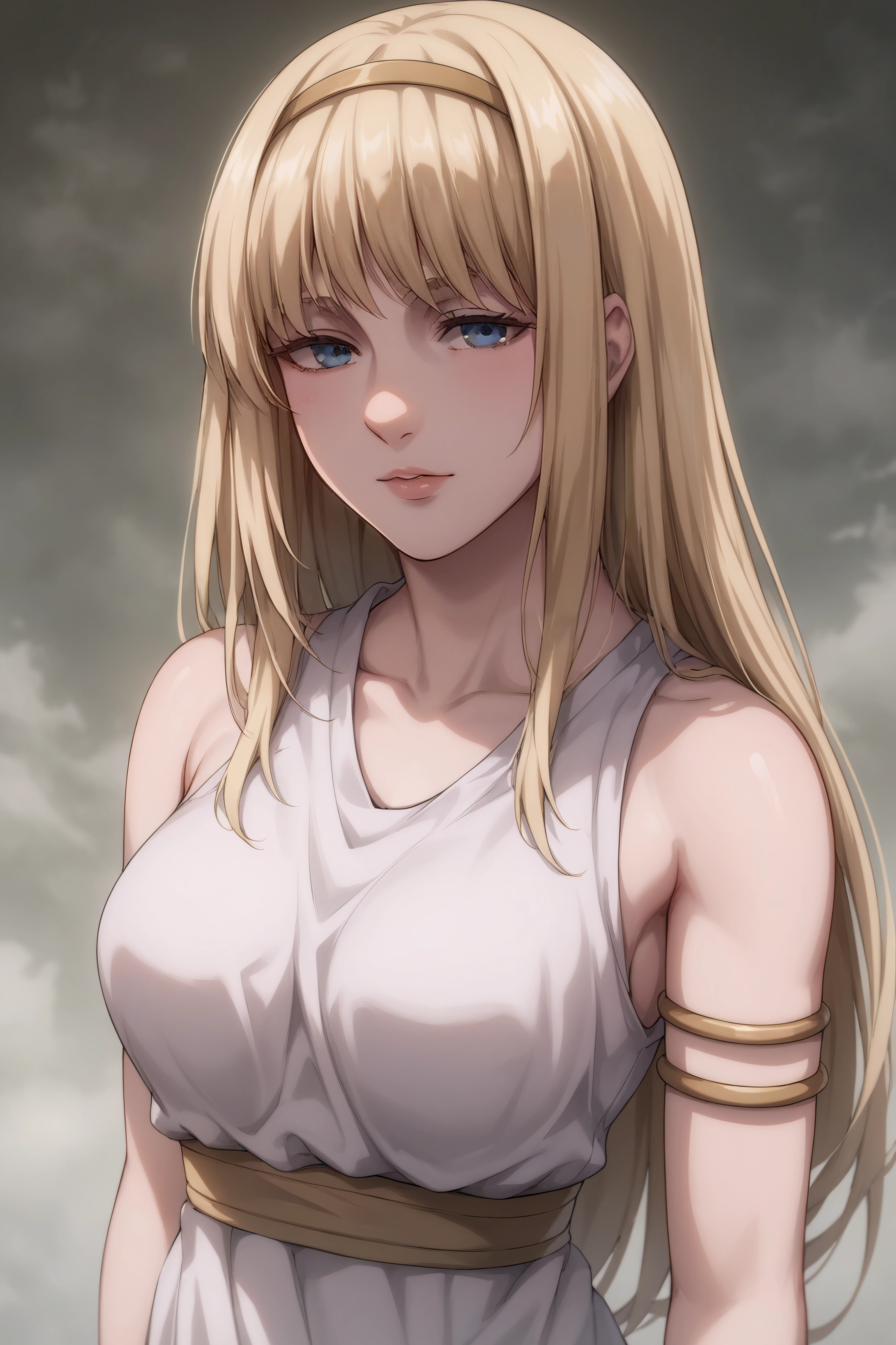 score_9, score_8_up, score_7_up, BREAK source_anime, <lora:Ymir Fritz-PonyXL-lora-faxtron:0.8> ymir fritz, blue eyes, blonde hair, long hair, medium breasts, armlet, bare shoulders, hairband, long white tunic,
