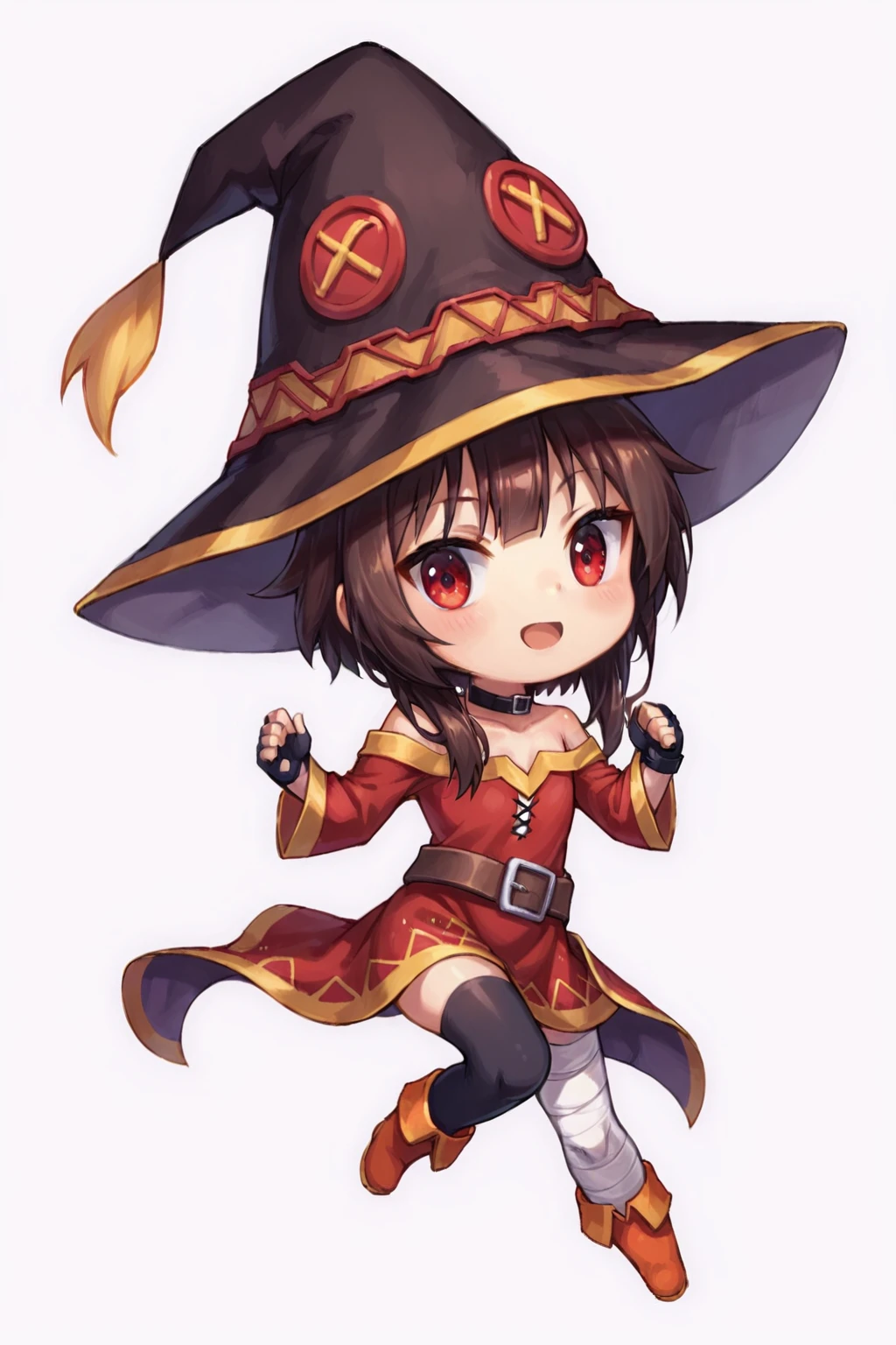 score_9, score_8_up, score_7_up, source_anime, highly detailed, 1girl,  megumin, chibi,  hat, witch hat, brown hair, staff, short hair with long locks, red eyes, black choker, collarbone, flat chest, off-shoulder dress, dress, red dress, long sleeves, black gloves, fingerless gloves, belt, brown belt, gold trim, asymmetrical legwear, mismatched legwear, bandaged leg, black thighhighs, simple background, white background,  <lora:justduet_SDXLPONY_r70_768_dim32-a4-adamW-000009:0.6>, <lora:MeguminWinter:0.2>,