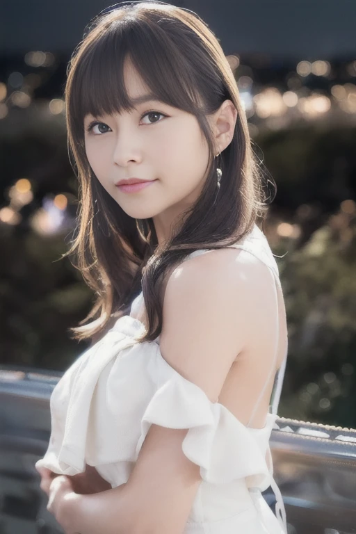 1girl, (little backless dress:1.25),(sleeveless, off shoulder:1.4),(RAW photo, best quality), (realistic, photo-realistic:1.8), masterpiece, an extremely delicate and beautiful, extremely detailed, 2k wallpaper, Amazing, finely detail, extremely detailed CG unity 8k wallpaper, ultra-detailed, highres, beautiful detailed girl, extremely detailed eyes and face, beautiful detailed nose, beautiful detailed eyes,(night city:2.4),perfect anatomy,(blurry,bokeh backgound),(slender body:1.6),(close up:1.2),(gently smile,friendly, warm:1.8),(looking at viewer:2.0),(young japanese idol:1.8),(smooth short hair:1.8), (brown eyes:1.8), (front view:2.0), dalcefo, <lora:minaseinori_lora-chilled_01:0.8>