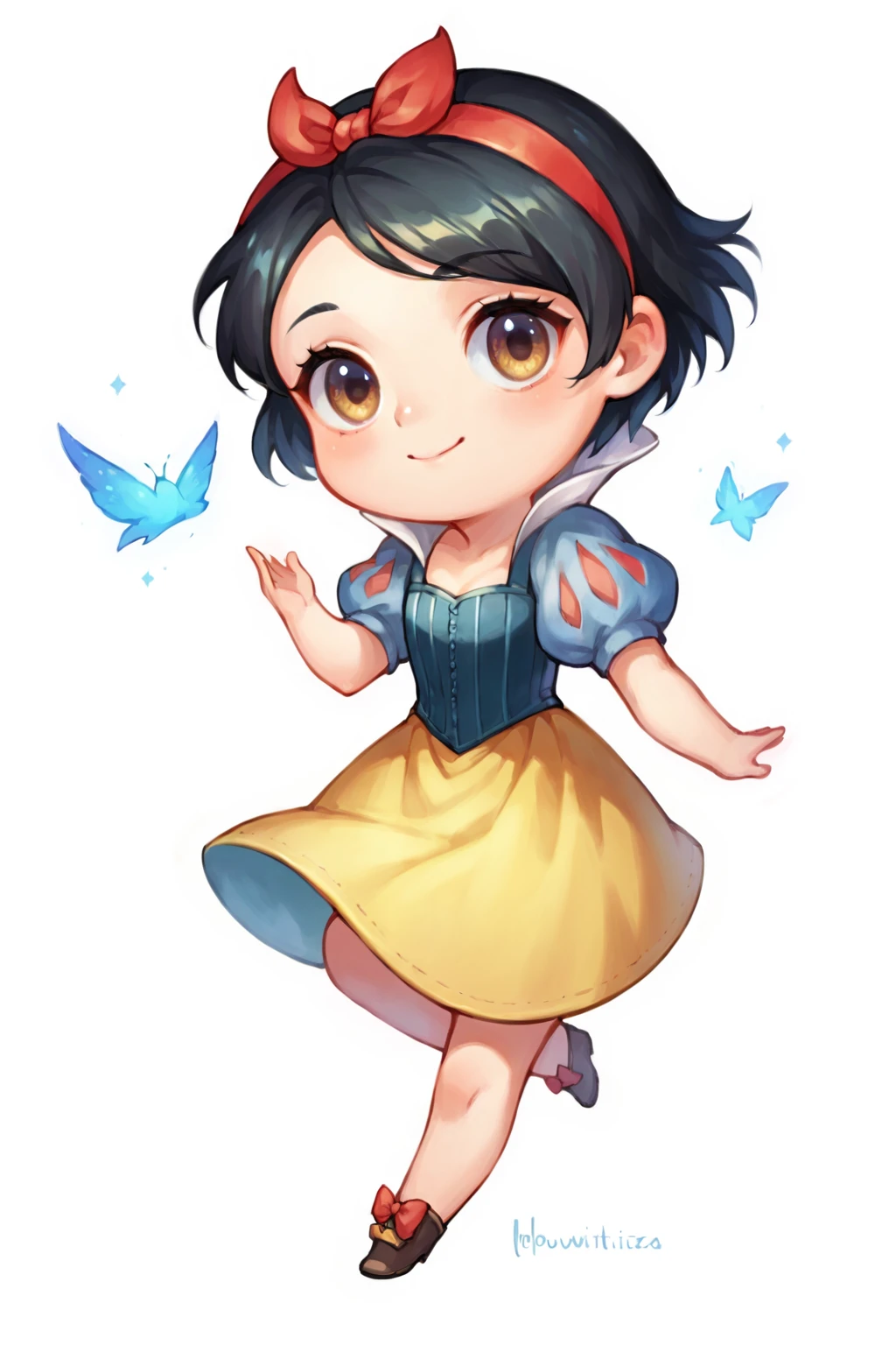 score_9, score_8_up, score_7_up, source_anime, highly detailed, 1girl, chibi:0.5, SnowWhiteXLP, black hair, short hair, red hairband, puffy sleeves, dress, yellow skirt, corset, simple background, white background, <lora:justduet_SDXLPONY_r70_768_dim32-a4-adamW-000009:0.6>, <lora:SnowWhiteXLP_character:0.3>
