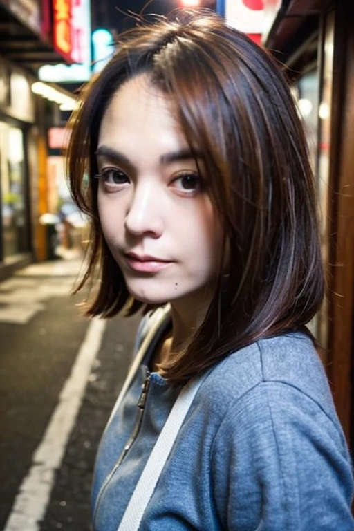 Best quality,masterpiece,ultra high res,photorealistic,1girl,slim body,taipei street alley,dynamic pose,face closeup,depth of field,<lora:sandrine_pinna:1>,brown hair,