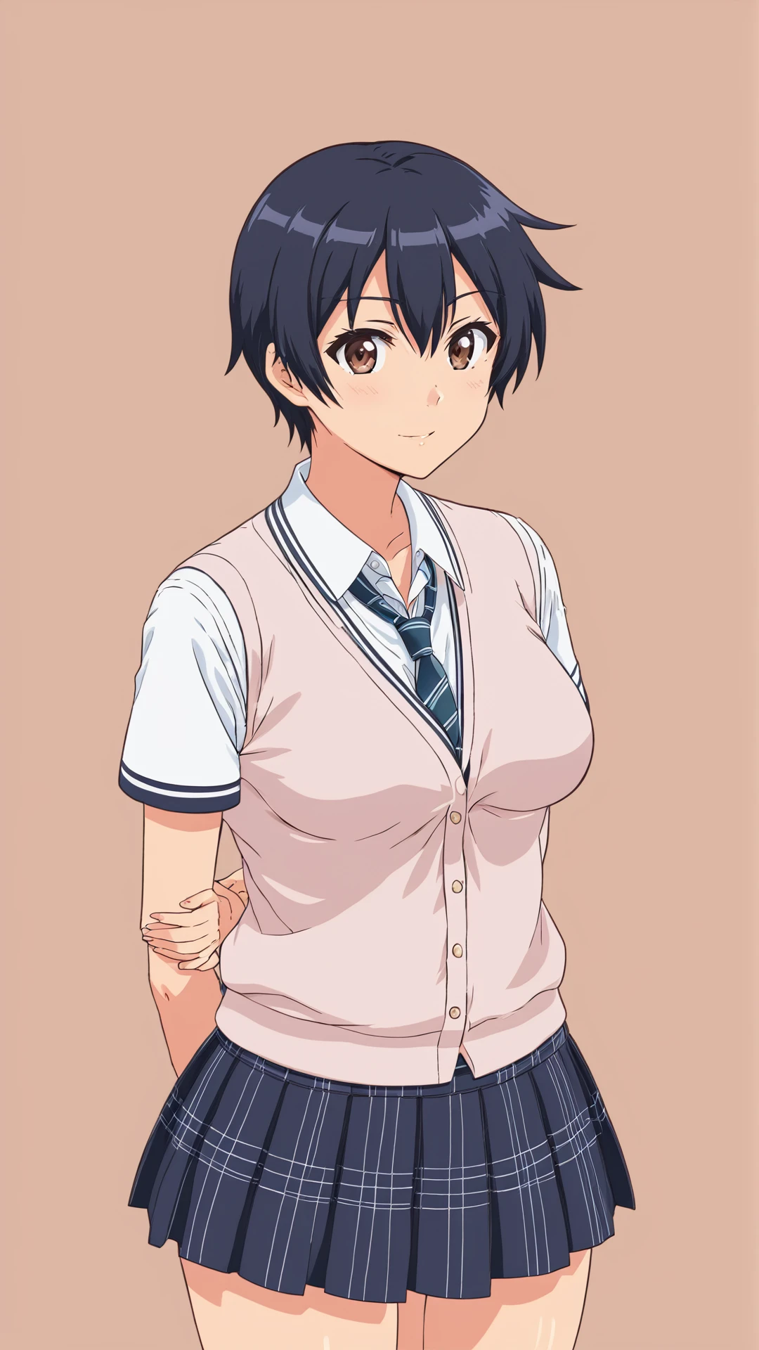 Kokonoe Aki, black hair, short hair, brown eyes, big breasts, school uniform, uniform, very short pleated skirt, blue pleated skirt<lora:EMS-338627-EMS:1.000000>