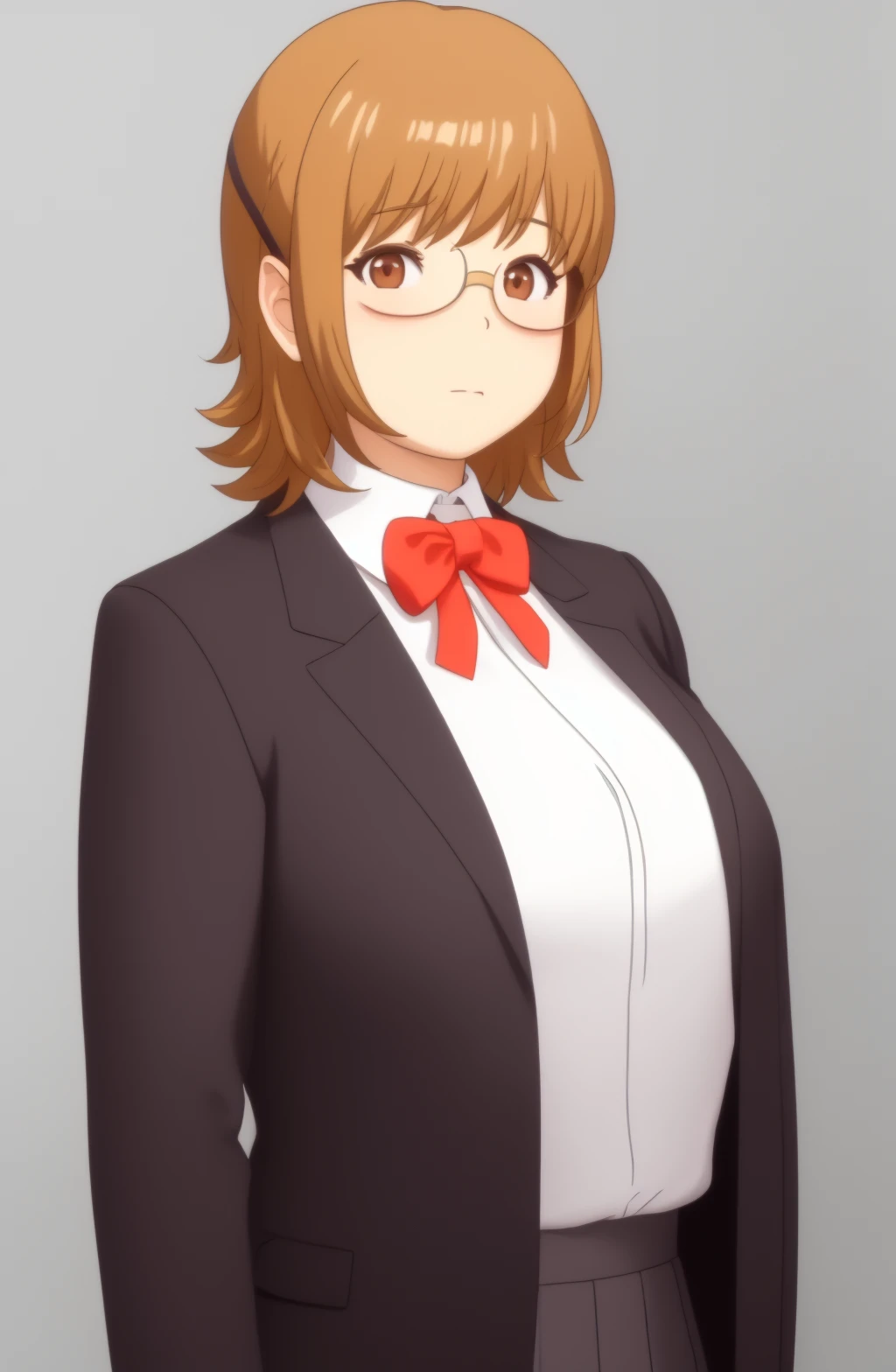 Momota Kaedeko \(Junjou Decamelon\), masterpiece, best quality, 1girl, brown eyes, orange hair, glasses, hair clip, school uniform \(Junjou Decamelon\):1.5, pleated skirt, jacket, red neck bow, huge breasts, closed mouth, looking at viewer, shirt, short hair, classroom, chalk board, solo, upper body,<lora:Momota-Kaedeko_(Junjou-Decamelon):0.95>