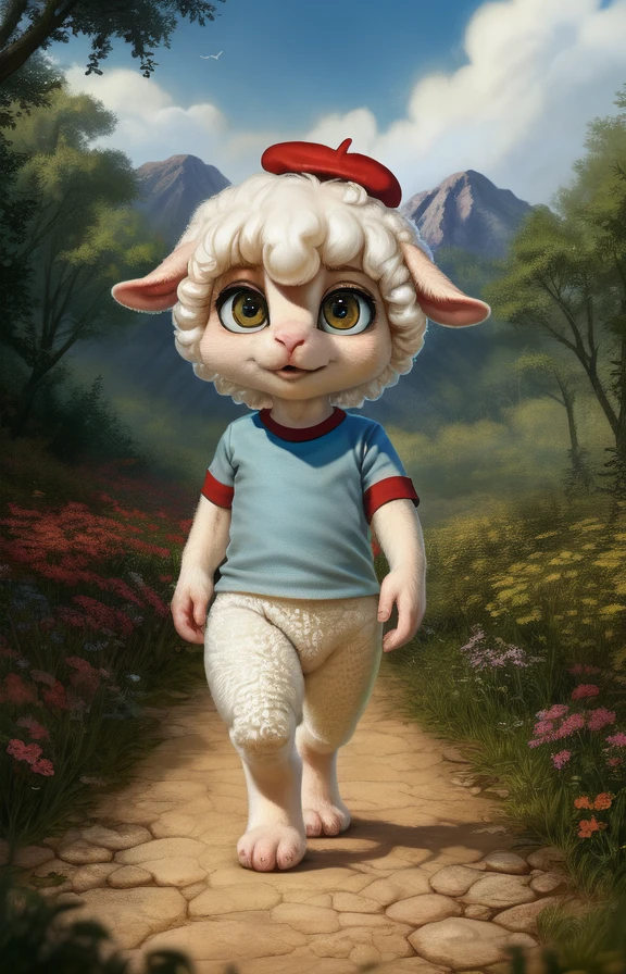 CloudMarshmallowTimes <lora:CloudMarshmallowTimes:0.9> [Forest, path, trees, sky clouds, mountains,]  red beret hat, elbow-length T-shirt, Blue T-shirt with red sleeves, sheep
textured fur, solo,  looking at viewer, to his full height,  (beautiful, aesthetic, perfect, delicate, intricate, masterpiece, )  chibi,   
[by kenket|by totesfleisch8], by thebigslick:by silverfox5213:0.8], [by syuro, by paloma-paloma::0.2, (Tricksta, TotesFleisch8)
