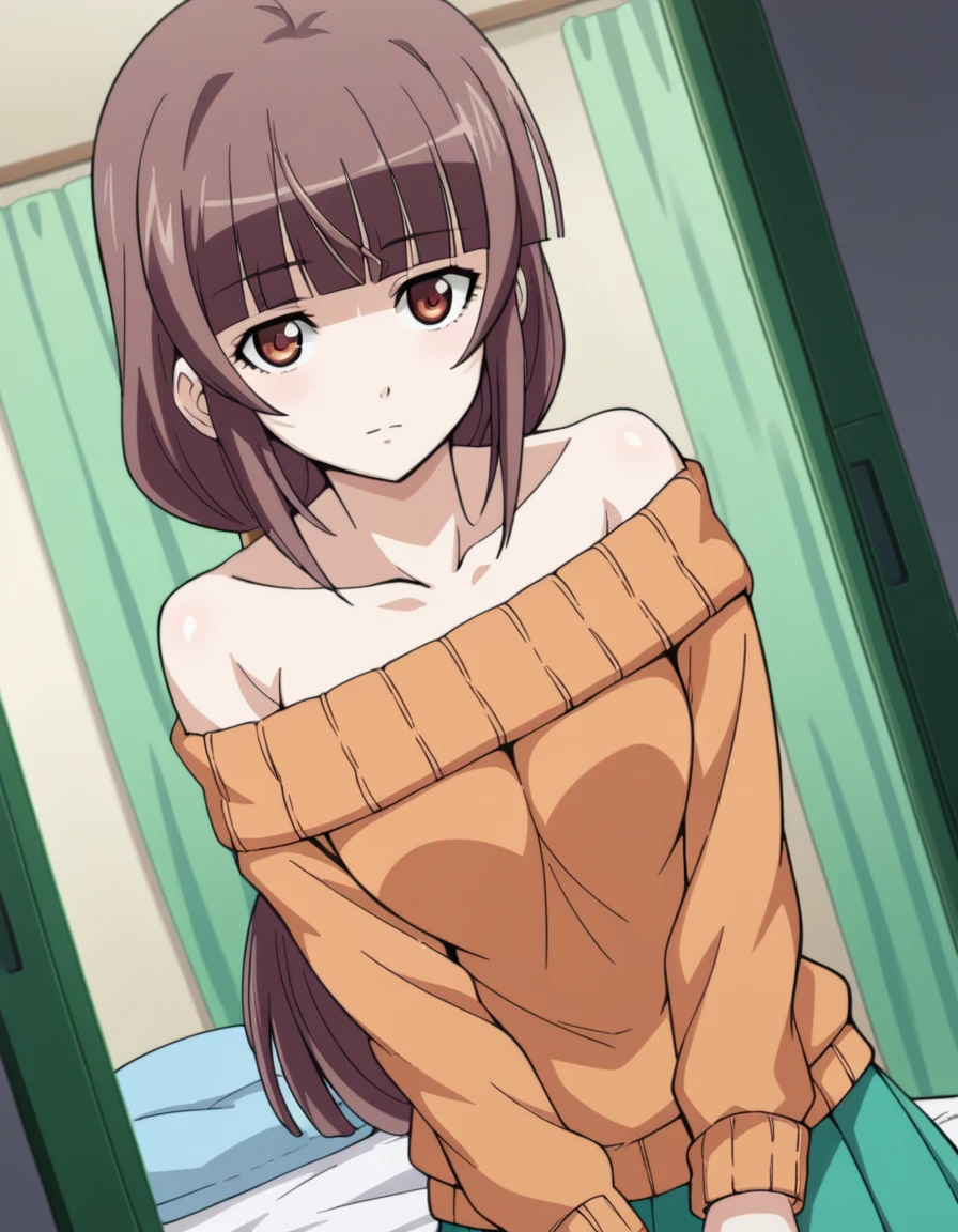 score_9, score_8_up, score_7_up, source_anime,
emiruikuno, <lora:emiru-ikuno-ponyxl-lora-nochekaiser:1>,
emiru ikuno, long hair, brown hair, ponytail, brown eyes, bangs, blunt bangs, low-tied long hair,
skirt, bare shoulders, off shoulder, sweater, orange shirt, off-shoulder sweater, collarbone,
indoors, bed, bed room,
looking at viewer, dutch angle, cowboy shot,