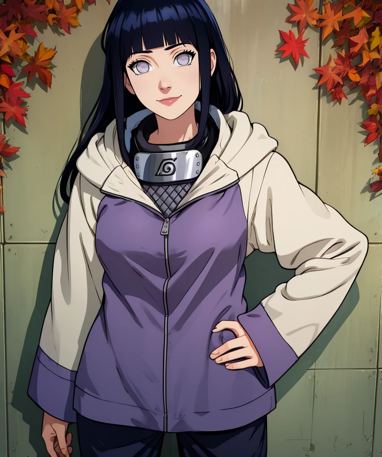 Hinata,black hair,blunt bangs,no pupils,grey eyes,long hair,
long sleeves,konohagakure symbol,jacket,forehead protector around neck,hood down,
pants,
light smile,
solo,
village,
(insanely detailed, masterpiece, best quality,),<lora:HinataShip:0.9>,