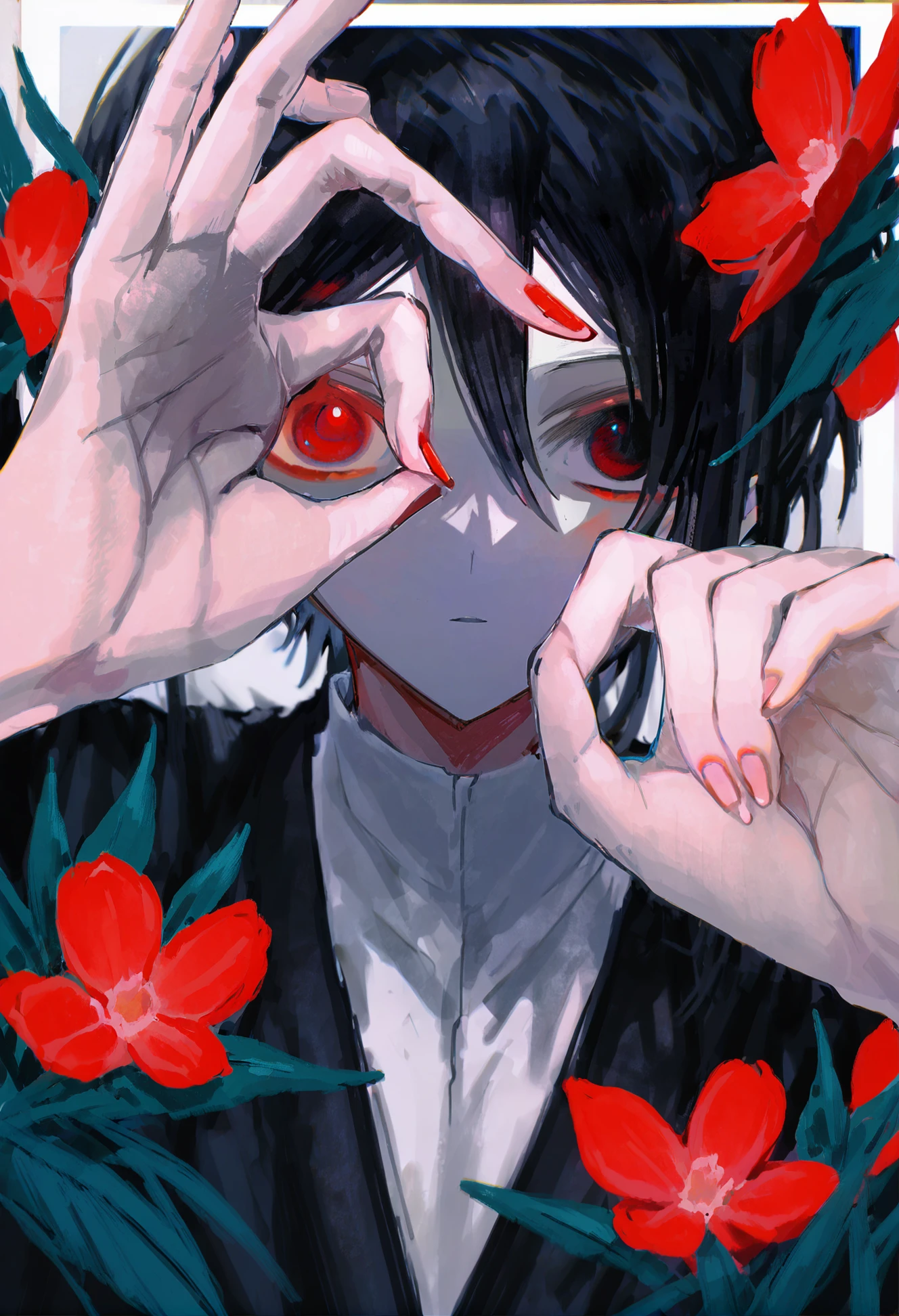 masterpiece, best quality, solo, red eyes, black hair, looking at viewer, heterochromia, hair between eyes, flower, shirt, black eyes, fingernails, bangs, ok sign, red flower, male focus, 1boy, hands up  <lora:ziyunXLlokr8f-000180:0.95>