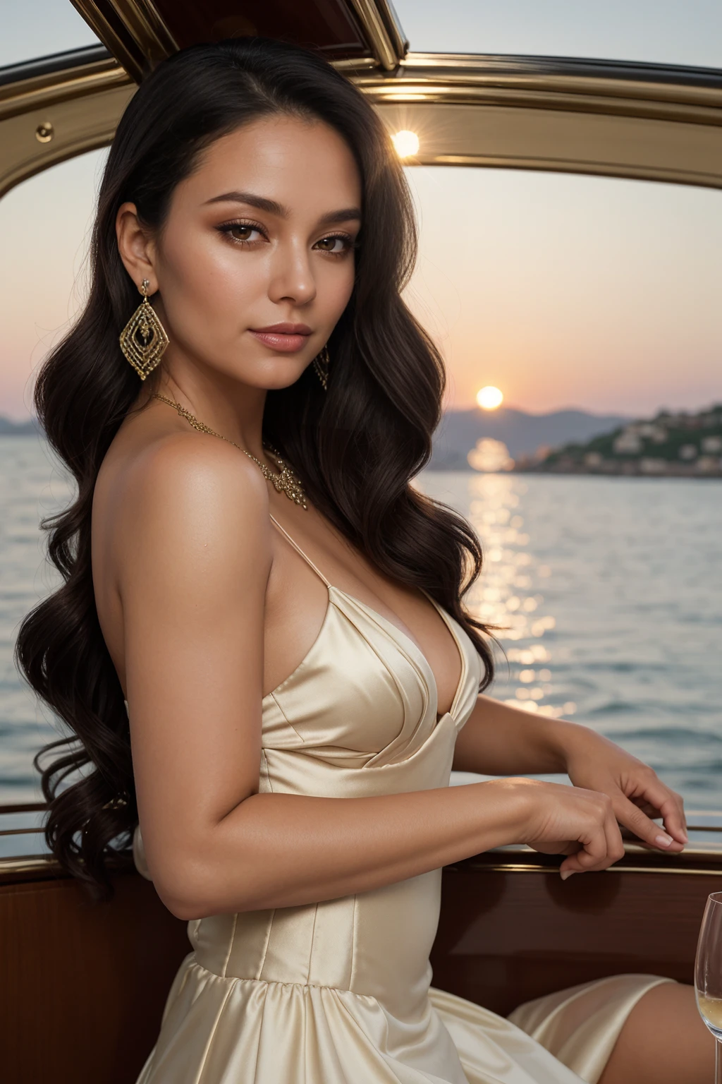 influencer-close-up-shot-by-stable-yogi
 10. "Luxury travel influencer (ethnicity: Mixed race, age: late 30s) on a yacht at dusk (setting: opulent, serene). She's in an elegant, designer evening gown (fabric: silk chiffon) with her hair styled in glamorous curls, and sophisticated, evening makeup. She's sipping champagne (action: leisurely, elegant), the ocean's expanse and the setting sun providing a luxurious backdrop."