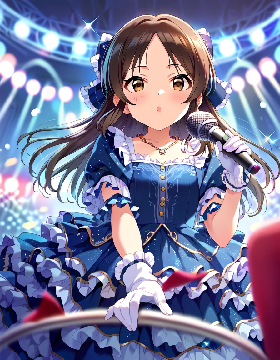 score_9, score_8_up, score_7_up, source_anime,
1girl, solo, idol concert, singing on stage, microphone, looking at viewer,  blue theme, live theater, stage lights, large television, light particles, blurry background, depth of field, 
<lora:TachibanaArisu_pony_v1:0.9>
tcbnars, long hair, brown hair, parted bangs ,hair bow , brown eyes, flat chest, 
idol clothes, girly dress, blue dress, skirt, white gloves, frills, lace trim, 
necklace,