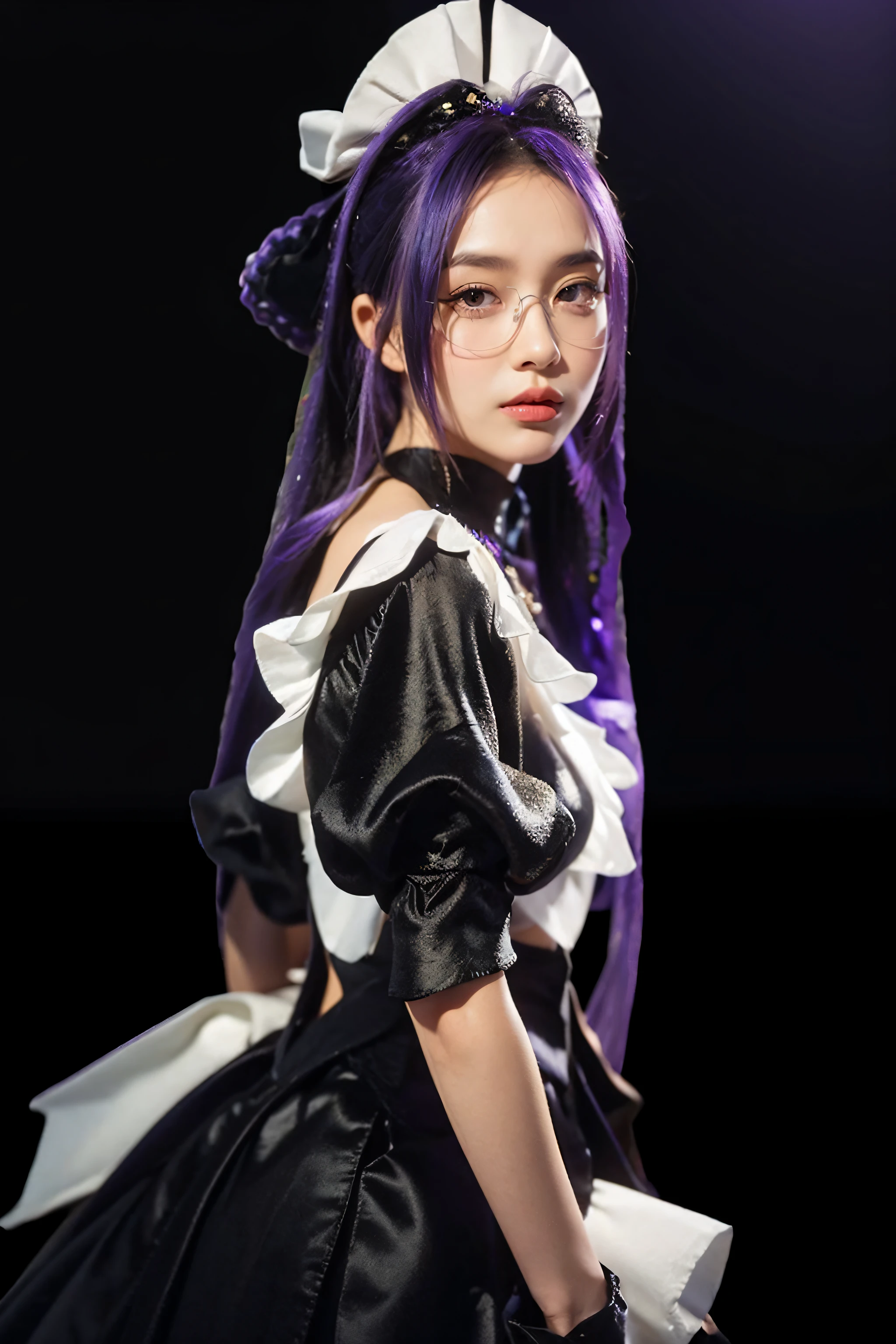 <lora:adb_maid:0.4>, adb_maid, 1girl, solo, long hair, simple background, gloves, hat, dress, long dress, bow, purple hair, short sleeves, black gloves, puffy sleeves, black footwear, black dress, high heels, skirt, long skirt, maid outfit, (photorealistic:1.4), <lora:add_detail:1>