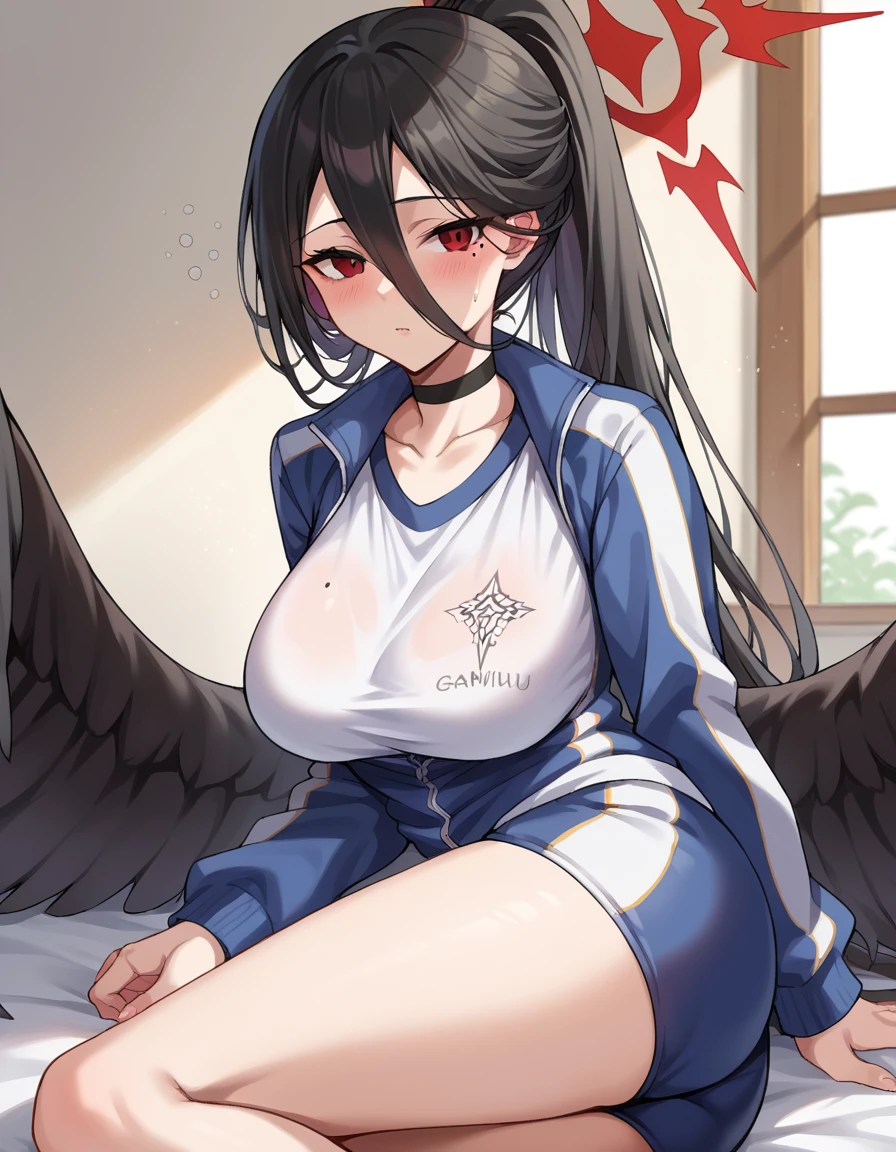 (pussy),{pussy spread},((knees to chest)),((leg hold, folded))、After being attacked、((track jacket))、Smile full of happiness,Sweating、Expression in a state of excitement、((poneyTail)), (black hair),Red Eyes,Red Eyeshadow,Red Eyeliner: 1.2, (Black wings), looking at the camera,(gigantic breasts:1.2),((Long Breasts:1.3)), halo