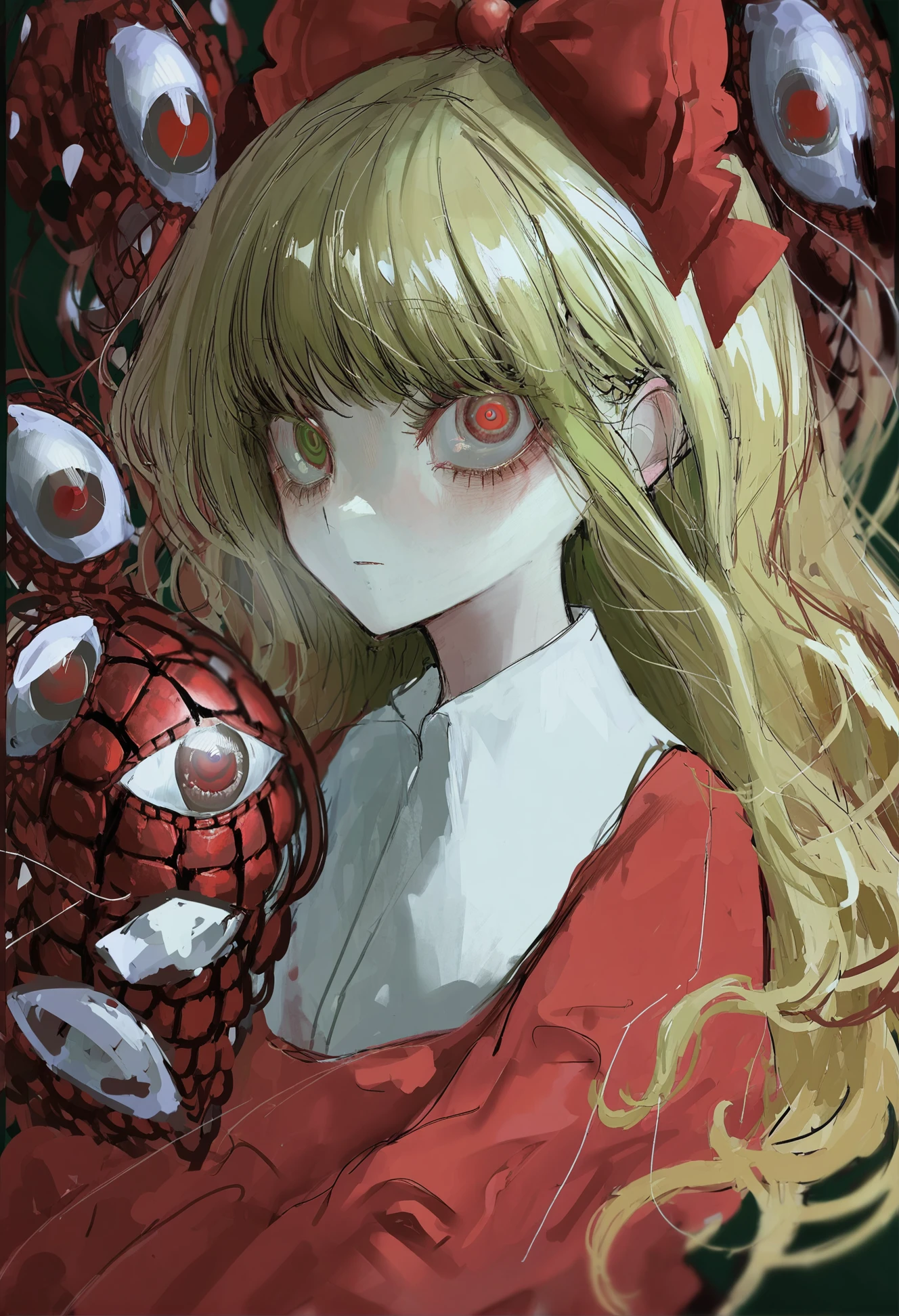 masterpiece, best quality, 1girl, long hair, solo, looking at viewer, blonde hair, bow, hair bow, green eyes, red bow, shirt, red dress, upper body, extra eyes, eyeball, collared shirt, eye focus, bangs, dress, green hair, long sleeves <lora:ziyunXLlokr8f-000180:0.95>