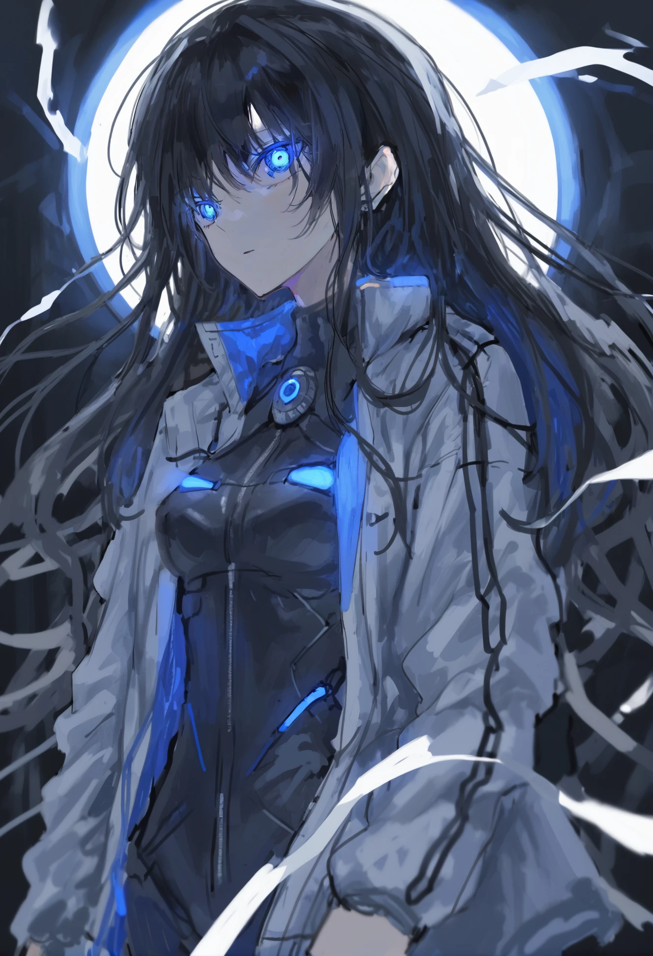 masterpiece, best quality, 1girl, solo, long hair, black hair, blue eyes , glowing, jacket <lora:ziyunXLlokr8f-000180:0.95>