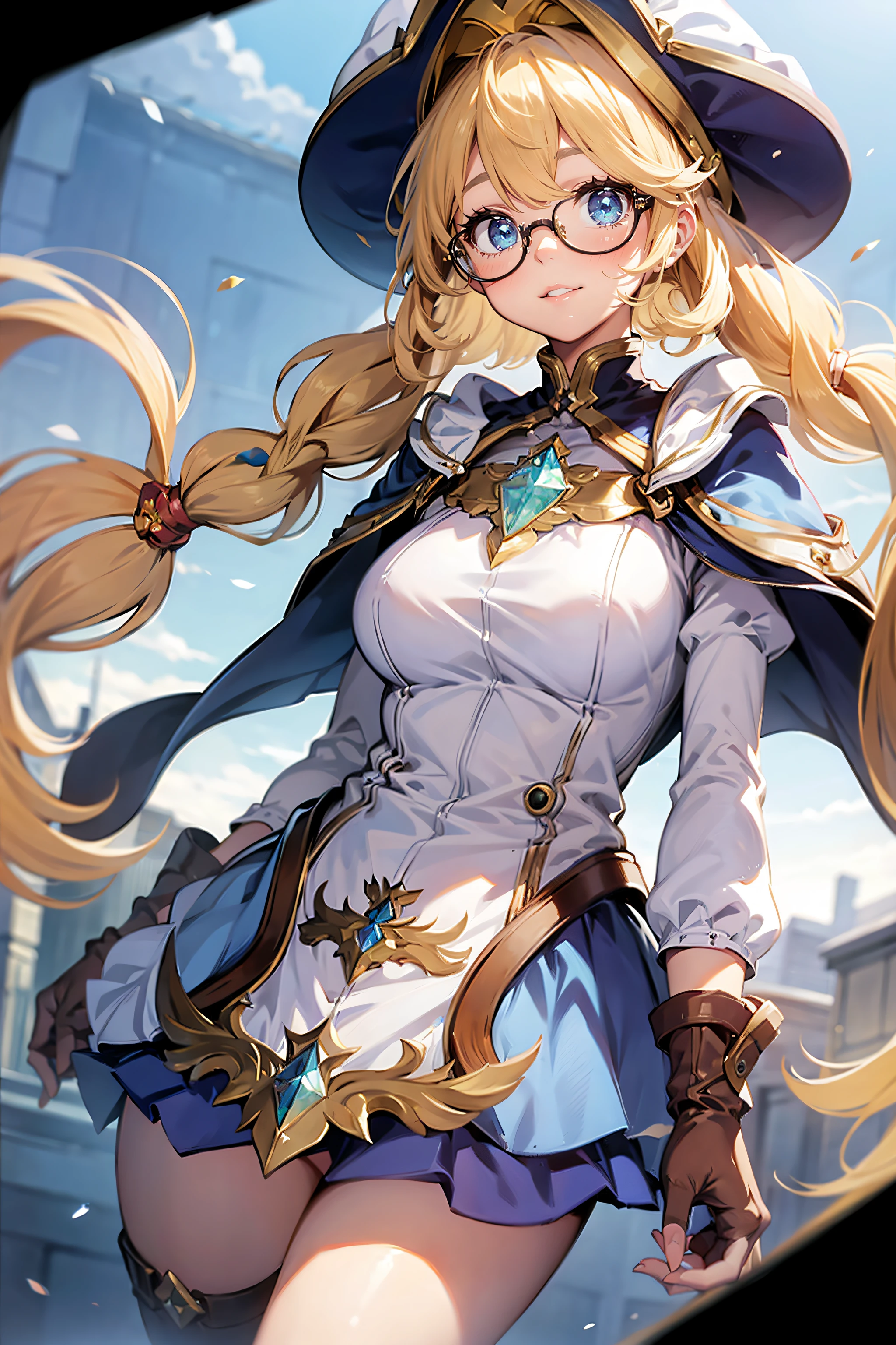 <lora:annette:0.8>, annette, 1girl, solo, long hair, very long hair, braid, twintails, blonde hair, bangs, hat, witch hat, blue eyes, eyelashes, bespectacled, glasses, round eyewear, lips, blush, closed mouth, breastst, dress, white dress, long sleeves, gem, crystal, blue gemstone, gloves, brown gloves, skirt, blue skirt, boots brown footwear, ankle boots, simple background